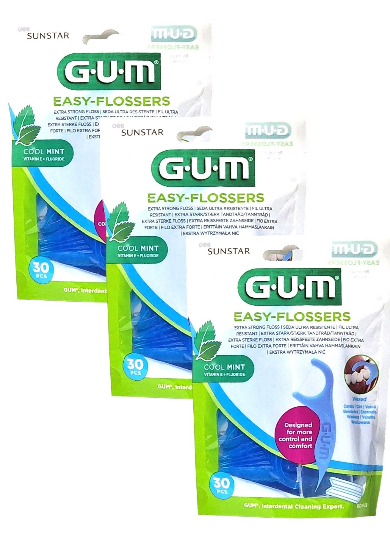 GUM Zahnseide 3x GUM Easy Flosser 30 Stück mit Reiseetui