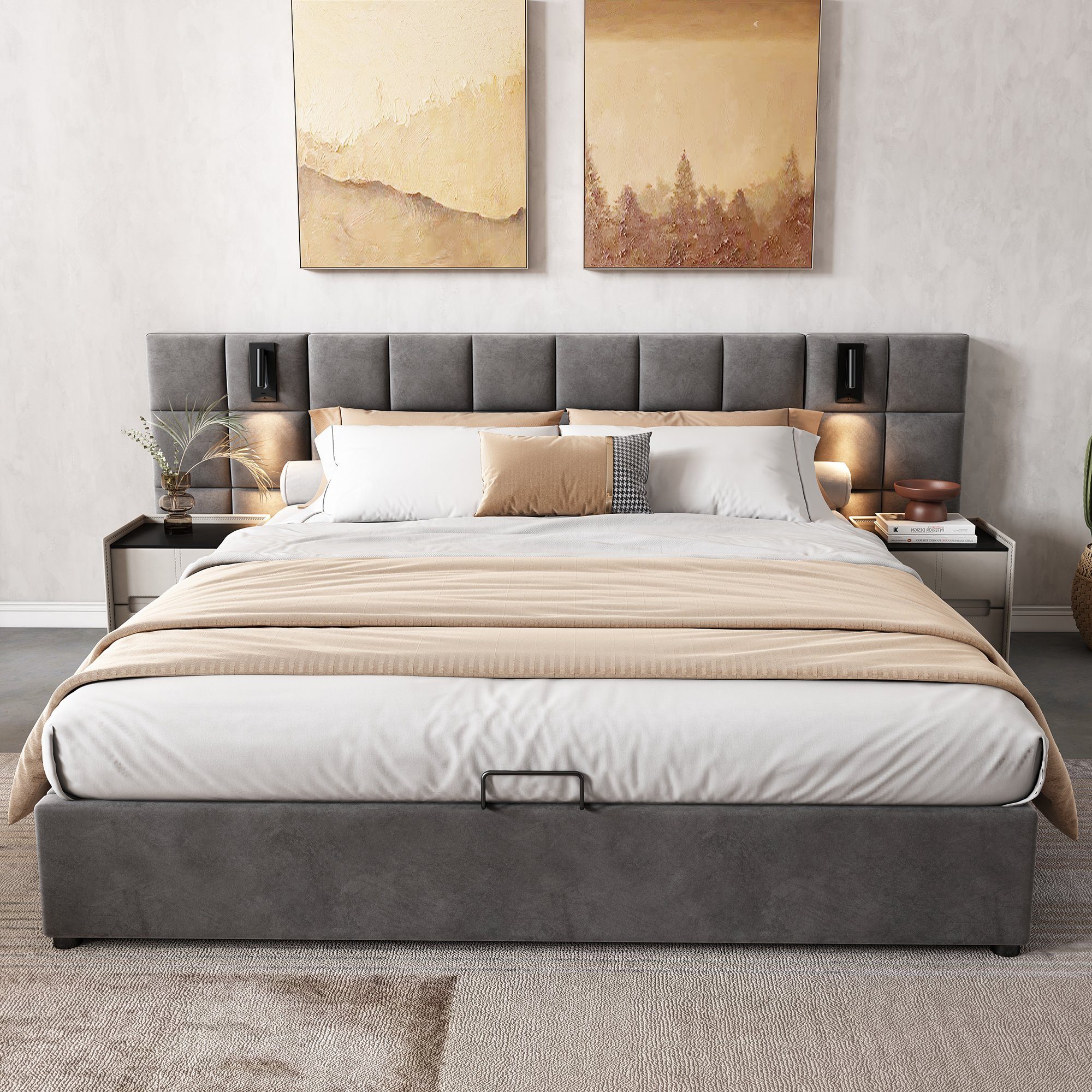 Flieks Polsterbett, Stauraumbett Leselicht & USB-Anschluss 180x200cm Samt ohne Nachttisch