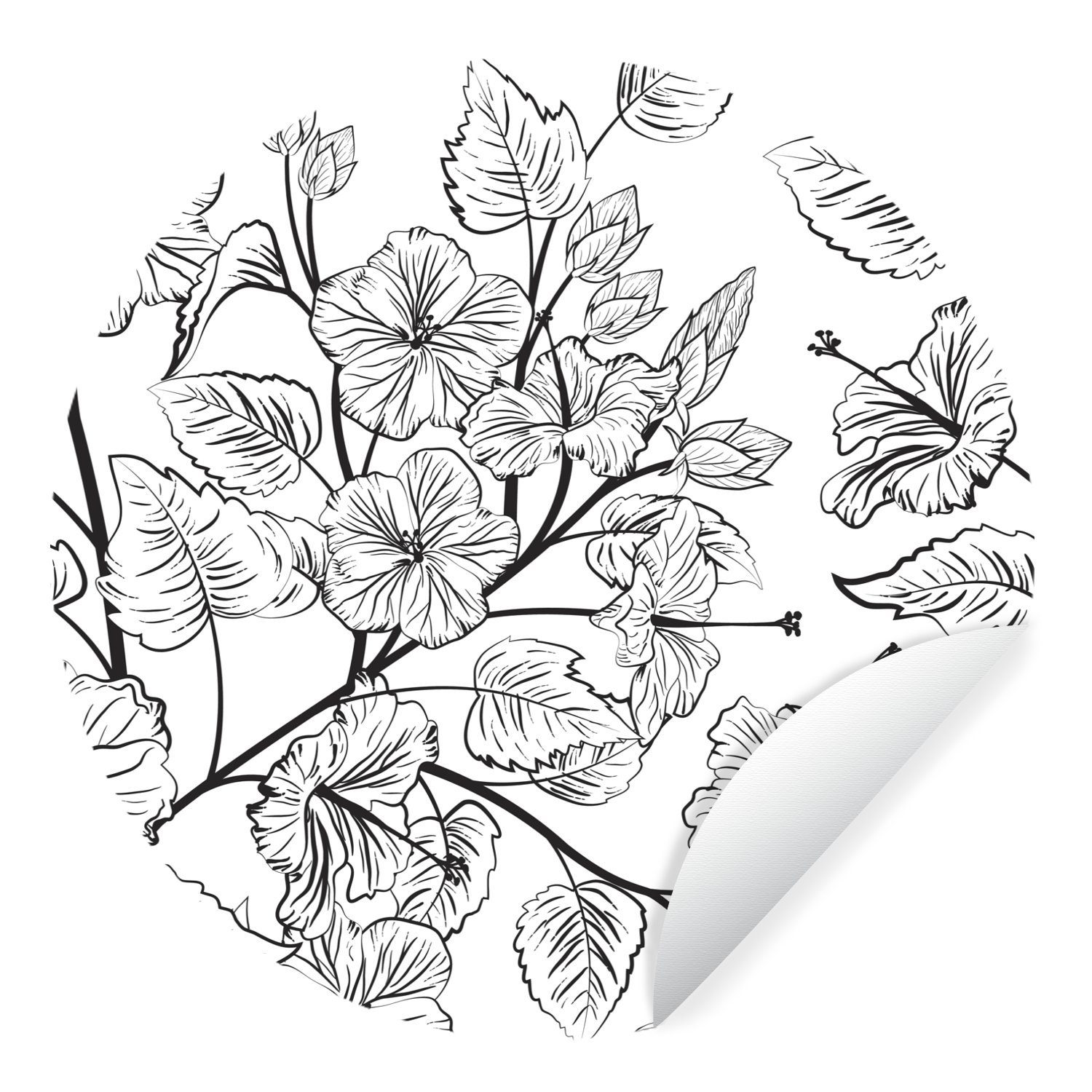 MuchoWow Wandsticker Eine schwarz-weiße Illustration eines Blumenmusters (1 St), Tapetenkreis für Kinderzimmer, Tapetenaufkleber, Rund, Wohnzimmer