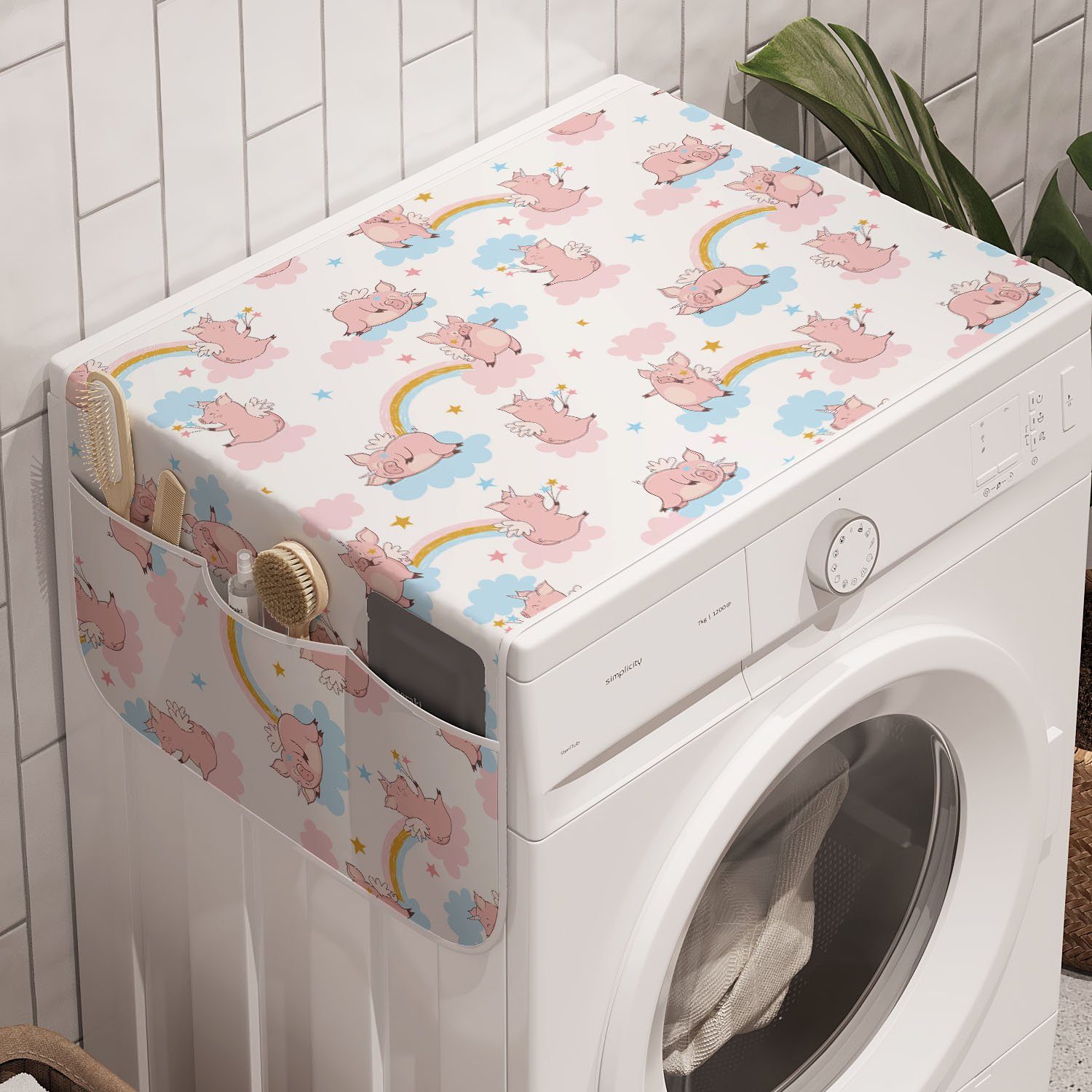 Abakuhaus Badorganizer Anti-Rutsch-Stoffabdeckung für Waschmaschine und Trockner, Kindisch Pig Unicorns und Flügel