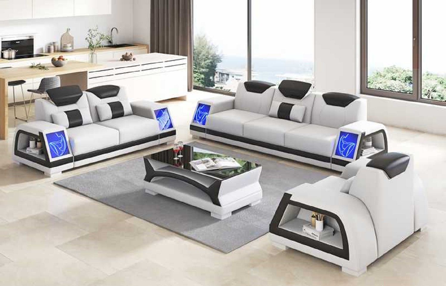 JVmoebel Wohnzimmer-Set Komplette Couchgarnitur Sofagarnitur Sofa 3tlg Sofas Braun, (3-St., Nur Sofa 2+3 Sitzer + Sessel), Made in Europe Weiß