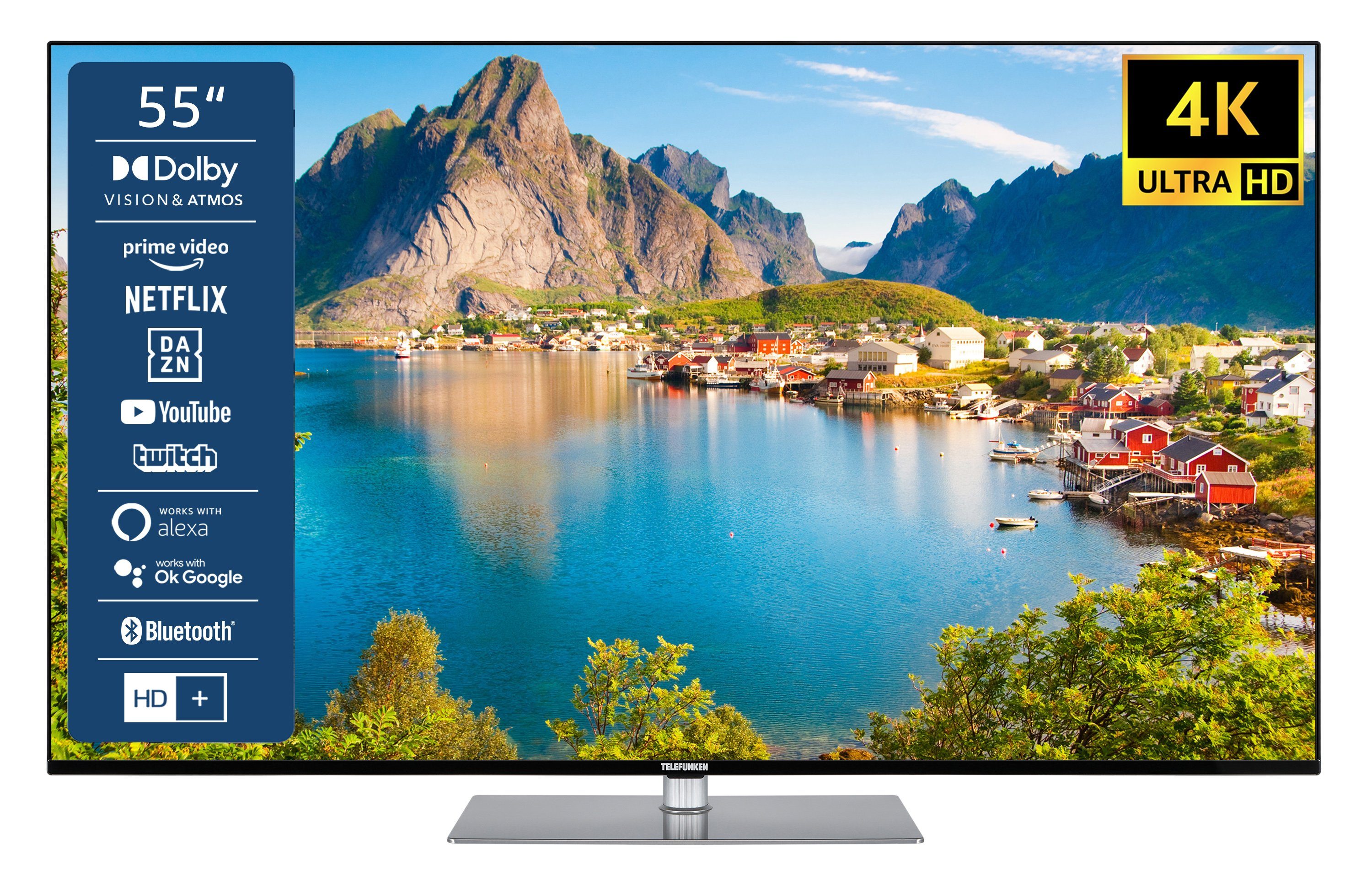 Telefunken D55U760B1CW LCD-LED Fernseher Triple-Tuner, Zoll, Ultra Dolby HDR Dolby Smart inkl) 4K HD, cm/55 Monate TV, Vision, HD+ (139 Atmos, 6