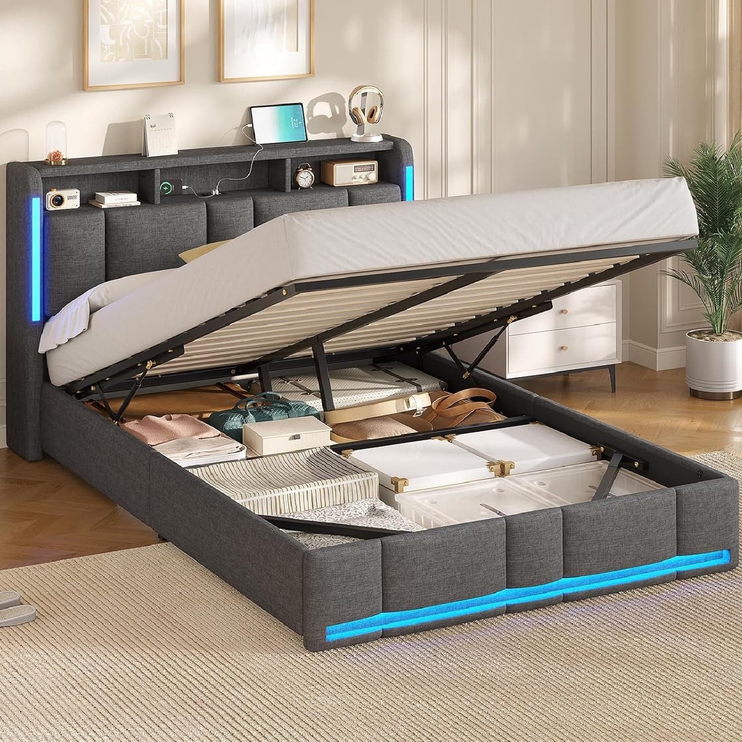 MSMASK Polsterbett mit Steckdosen & LED Beleuchtung, Stauraum und Kopfteil, 150×215 cm, Dunkelgrau, mit Stauraum & LED Beleuchtung – Bild 2 von 5