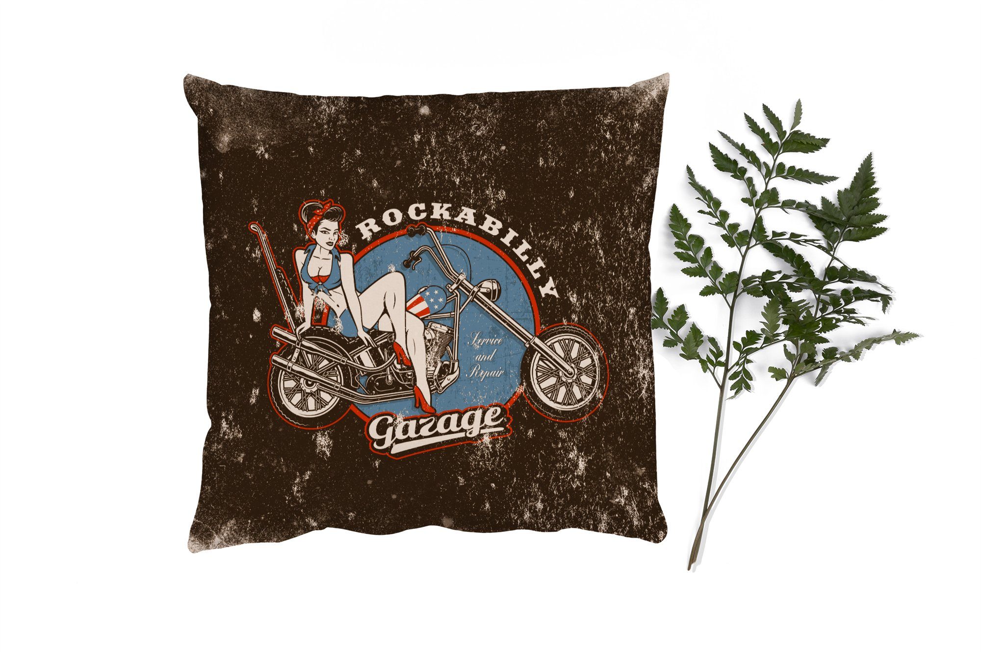 Dekokissen Mancave Füllung Deko, Schlafzimmer, - - Frauen Motorrad Zierkissen MuchoWow mit Sofakissen für Vintage, - Wohzimmer,