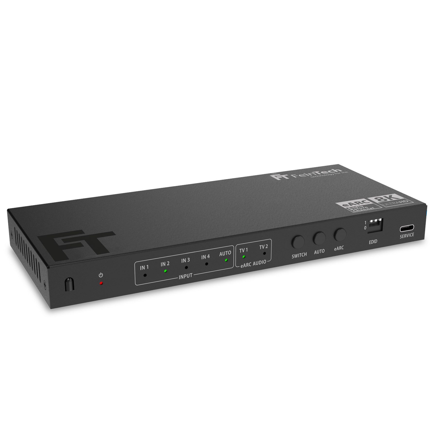 FeinTech HDMI-Splitter FeinTech AX341 HDMI 2.1 eARC Splitter Switch 4 In 2 Out + Soundbar, 4K 120Hz & 8K, Audio-Anschluss für eARC-Soundbar, Toslink, Aux