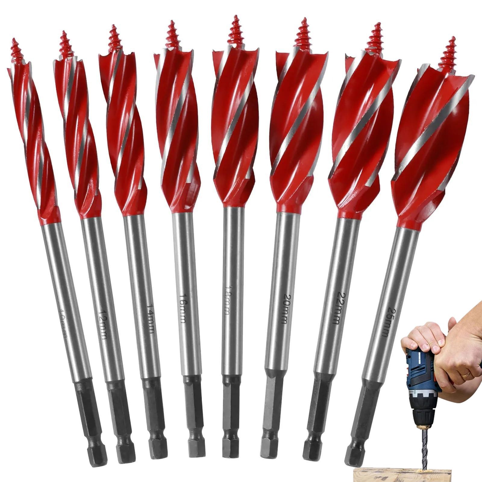 BlingBin Holzbohrer 8 Stück Holzbohrer Erweitern Bohren Holzbohrer Stahl Schneckenbohrer, (1er Set, 8-tlg., Holzbearbeitungsbohrer Set 10mm 12mm 14mm 16mm 18mm 20mm 22mm 25mm), Profi Holzbohrer Set,Schnellschnitt, für Bohrschrauber und Bohrständer