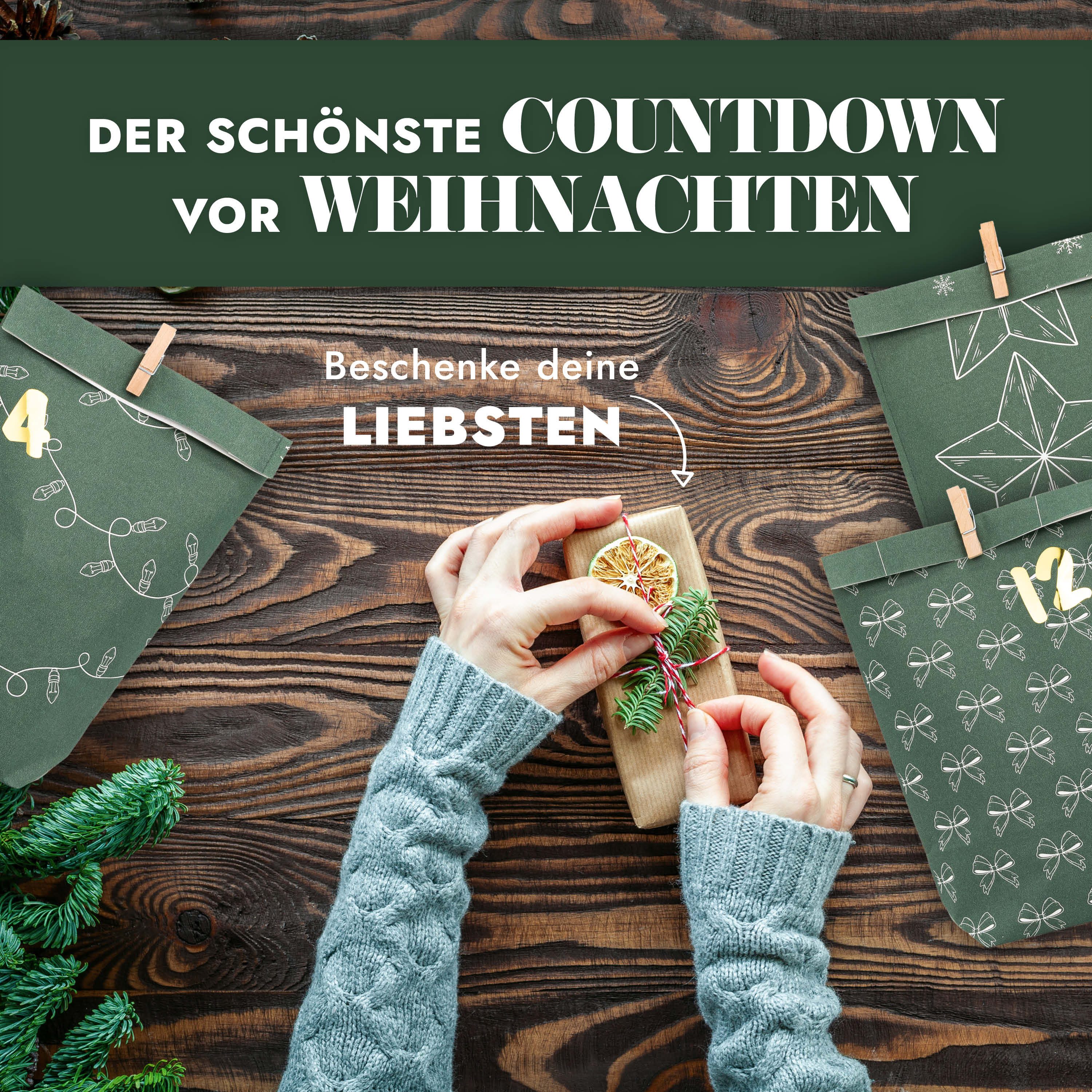 Amari befüllbarer Adventskalender Adventskalender zum Befüllen 2026, 24 Papiertüten 14×22 cm mit Zahlen (DIY Set, 72-tlg), Designs für Kinder & Erwachsene, wied – Bild 3 von 5