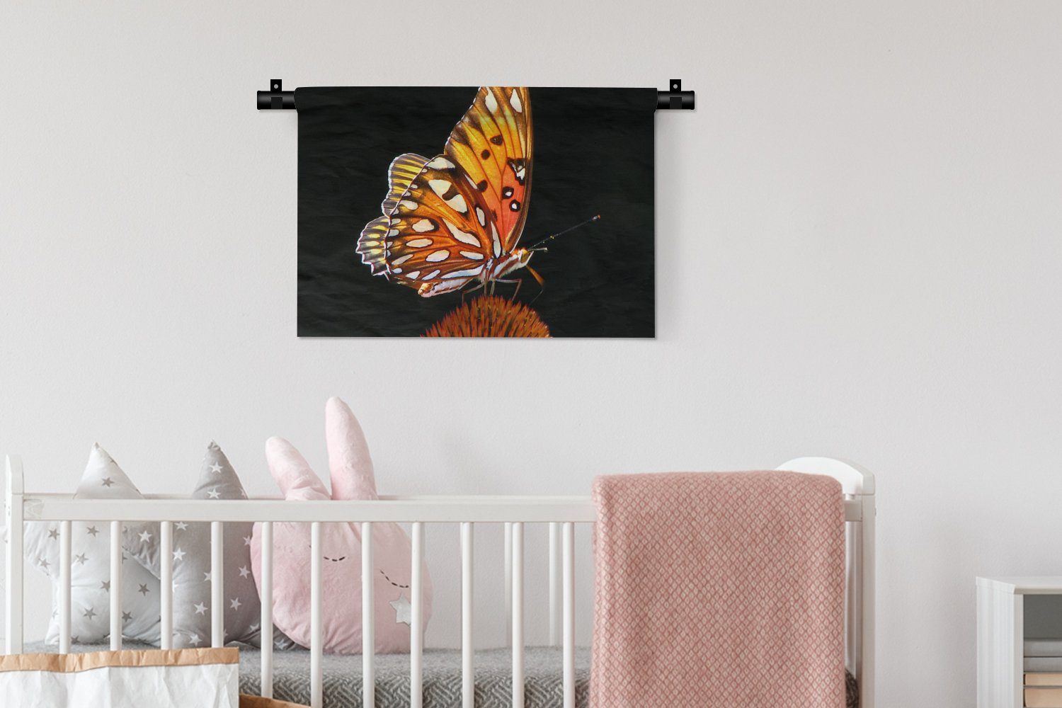 Kinderzimmer MuchoWow - Wanddekoobjekt Insekt - Wohnzimmer, Schwarz Schlafzimmer, für Schmetterling - - Wandbehang, Orange, Porträt Blumen Kleid, Wanddeko -