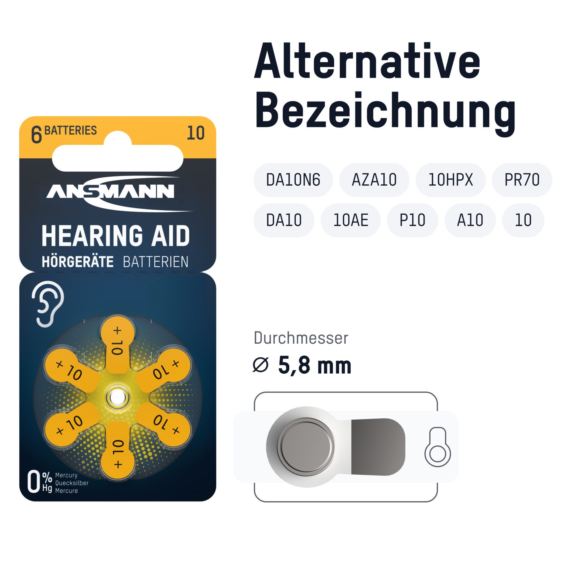 ANSMANN AG Hörgerätebatterien Typ 10 gelb PR70 P10 ZL4, 120 Stück, German Quality Knopfzelle