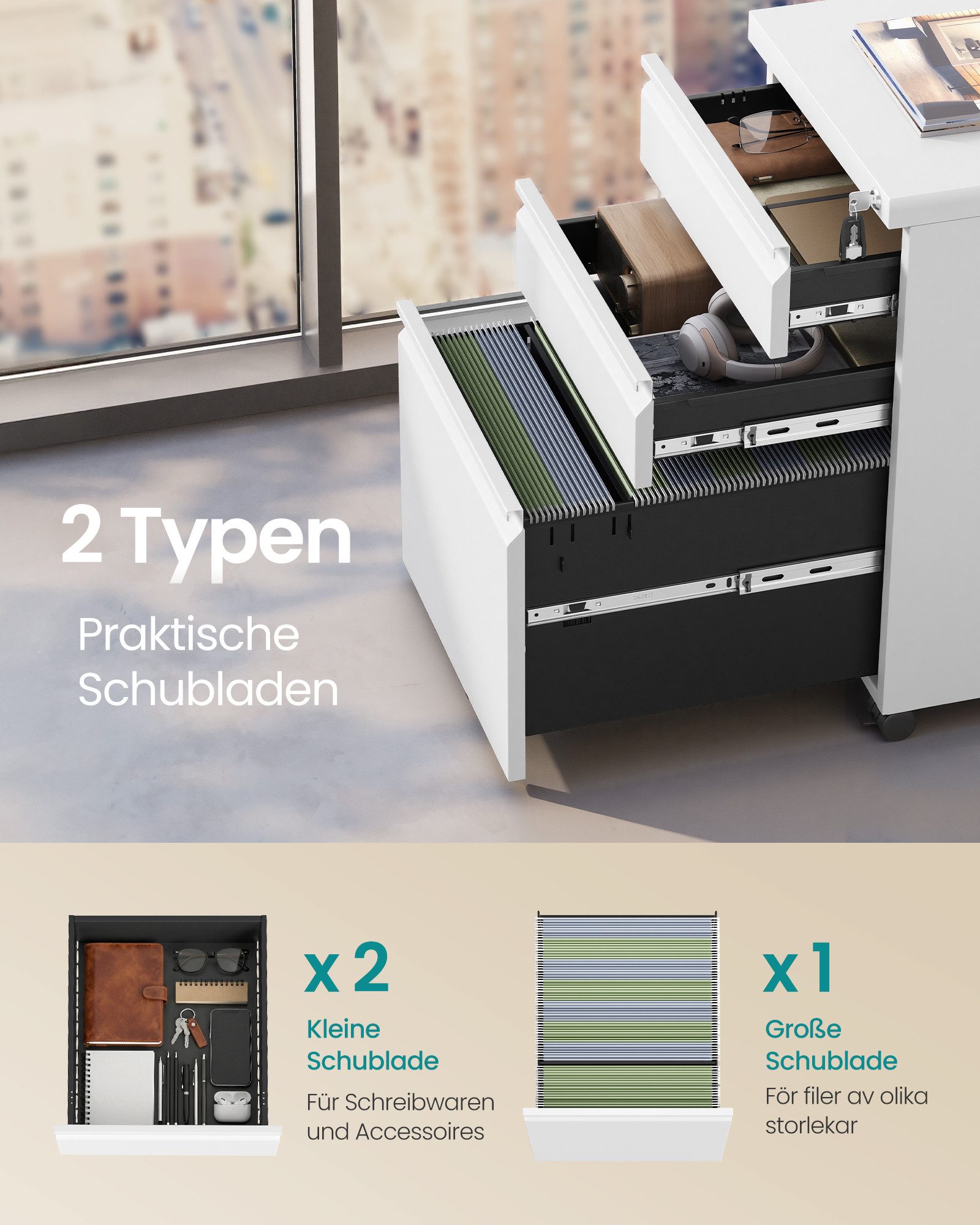 SONGMICS Rollcontainer Aktenschrank abschließbar mit 3 Schubladen, 39 x 50 x 62 cm, für Homeoffice, Büro, Metallschrank, Druckerständer – Bild 4 von 5