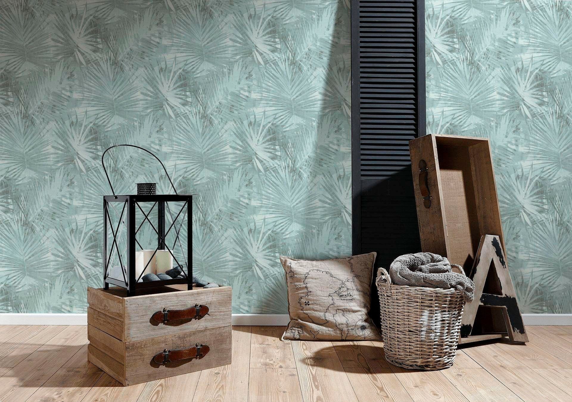 A.S. Création Vliestapete Attractive 2 Palmentapete, strukturiert, matt, tropisch, (1 St), Dschungeltapete Palmentapete strukturiert Grün Creme