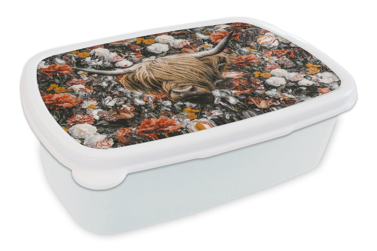 MuchoWow Lunchbox Schottischer Highlander - Blumen - Schwarz - Weiß, Kunststoff, (2-tlg), Brotbox für Kinder und Erwachsene, Brotdose, für Jungs und Mädchen