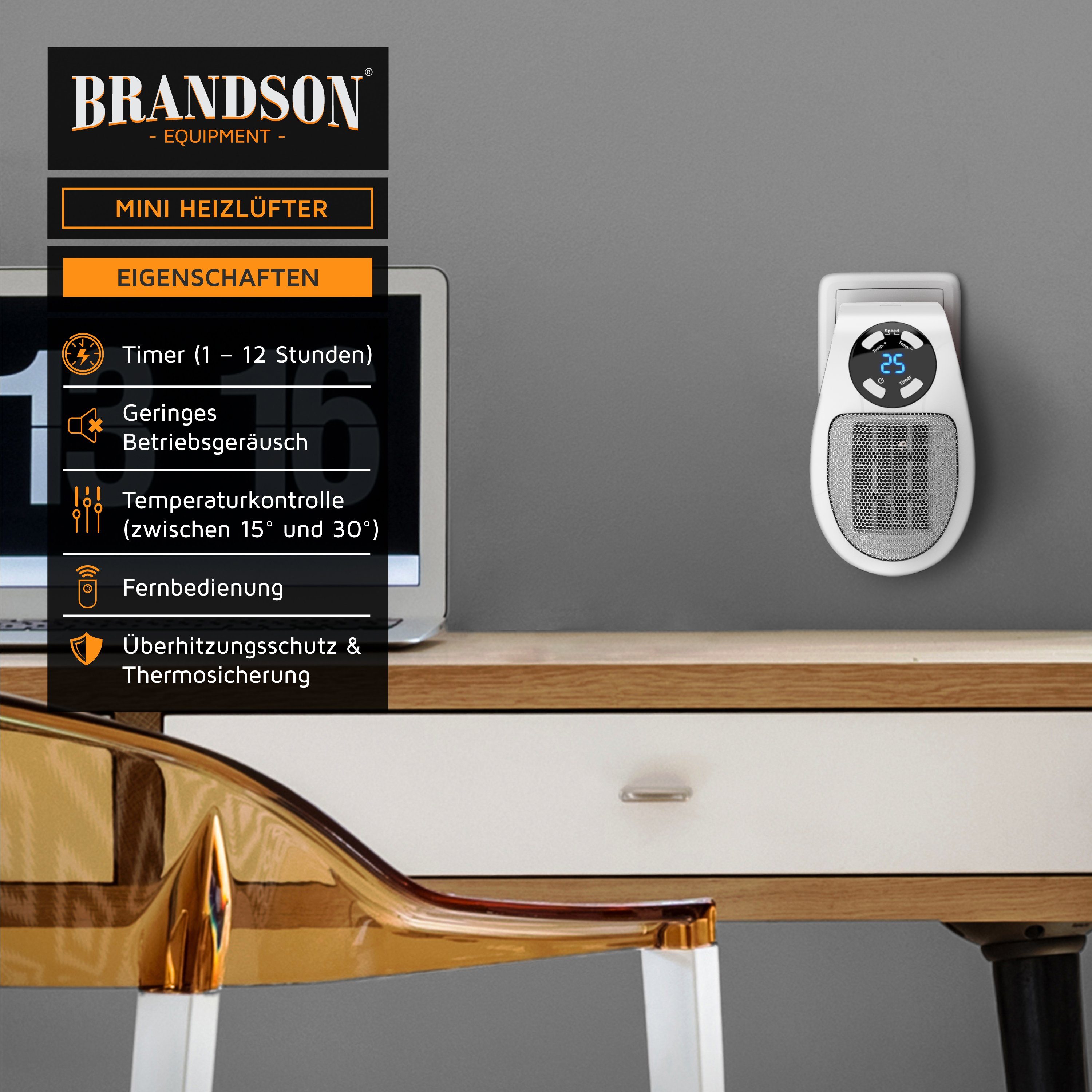 Brandson Keramikheizlüfter Steckdosen Mini Heizlüfter mit Temperaturregelung & Fernbedienung, 500 W, energiesparend, 500 W Sofort-Wärme für Bad, Büro, Camping & – Bild 5 von 5