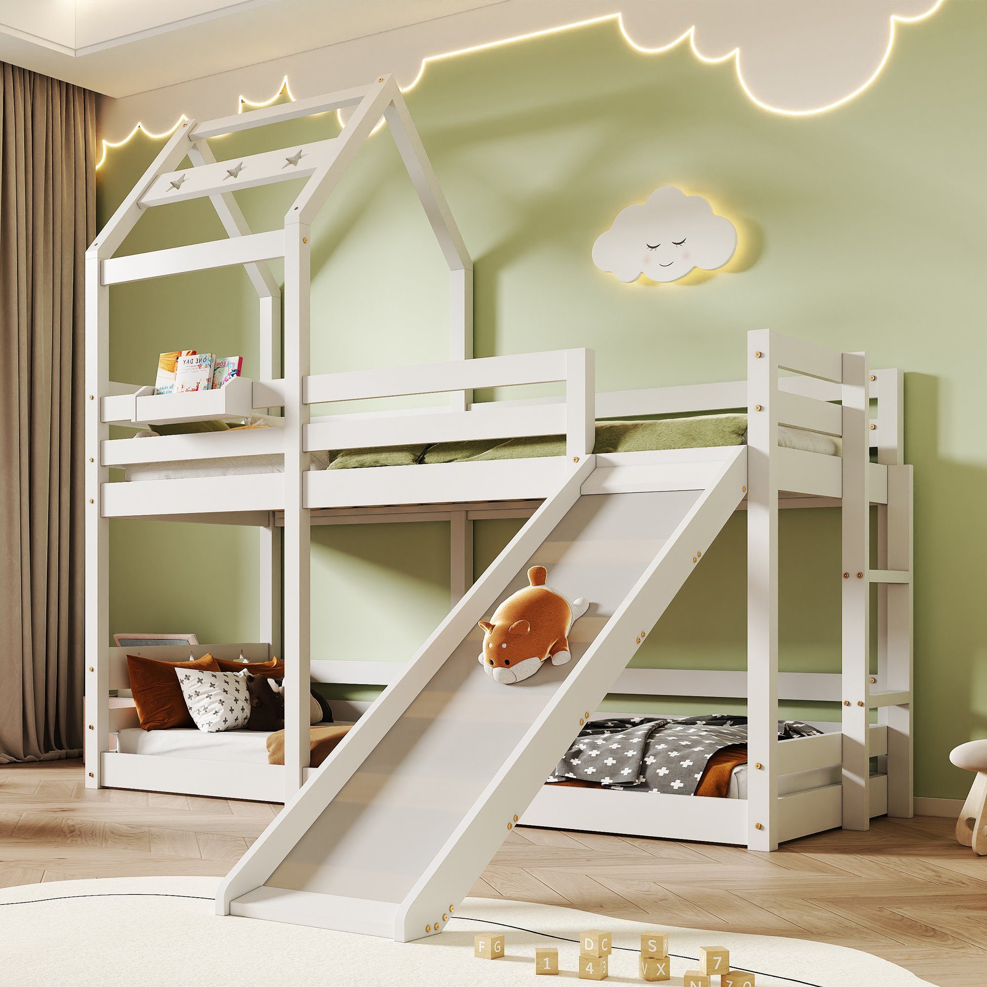 Etagenbett (Hausbett mit Lattenrost), Kinderbett mit Rutsche, Leiter und Rausfallschutz 90x200cm