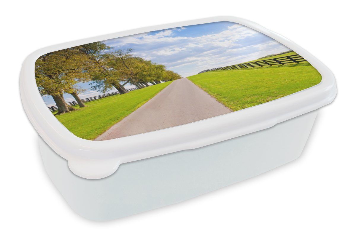 MuchoWow Lunchbox Wolken - Bäume - Straße, Kunststoff, (2-tlg), Brotbox für Kinder und Erwachsene, Brotdose, für Jungs und Mädchen weiß
