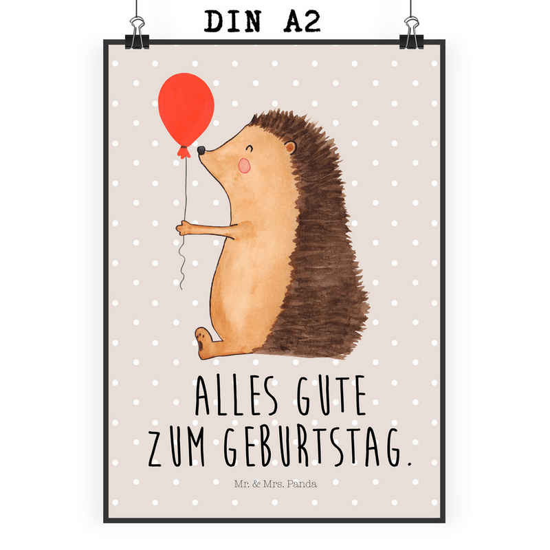 Mr. & Mrs. Panda Poster DIN A2 Igel Luftballon - Beige Pastell - Geschenk, Geburtstagskind, H, Igel mit Luftballon (1 St), Einzigartige Motive