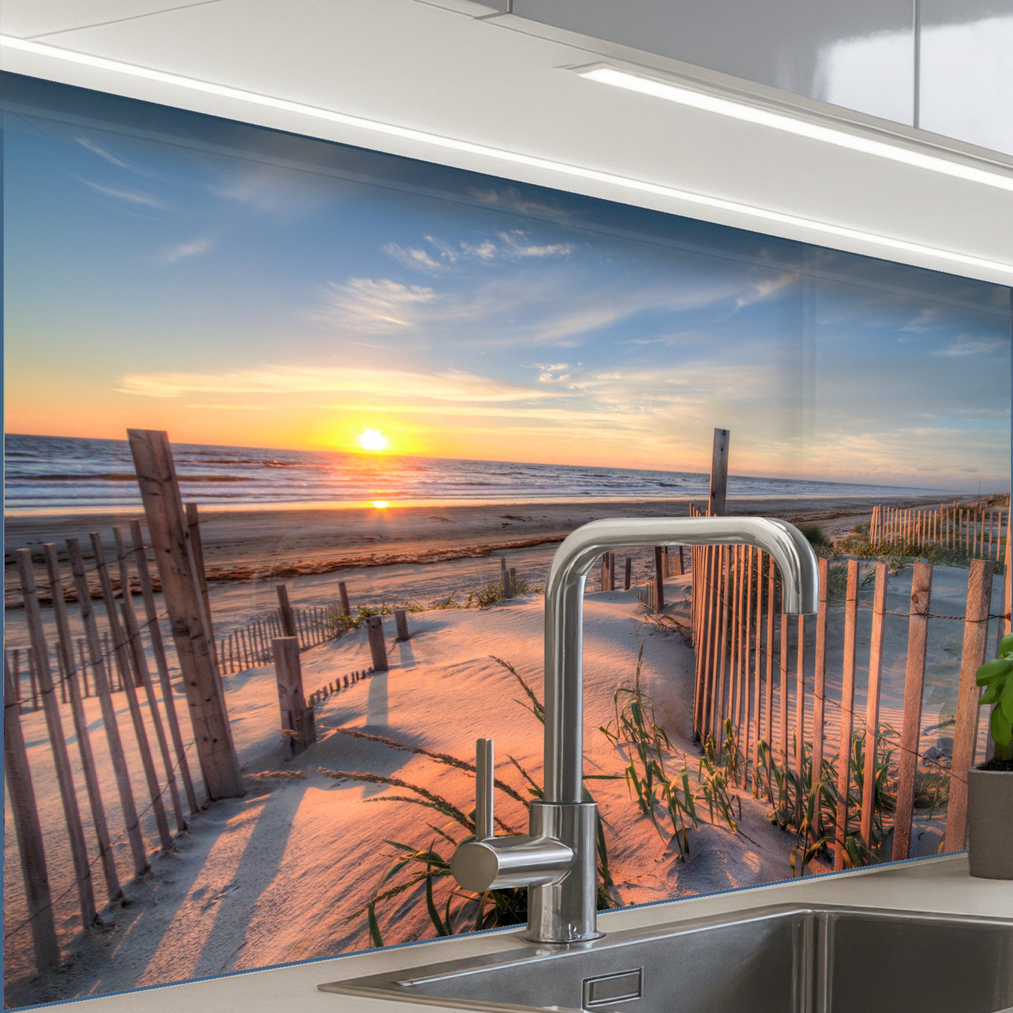 KitchenYeah Küchenrückwand Muster selbstklebend (keine Folie) Strand - Meer - Düne - Sonnenunterg, (1-tlg), Spritzschutz, Küche, Rückwand, Küchenwand, Küchenfront, 30x20 cm