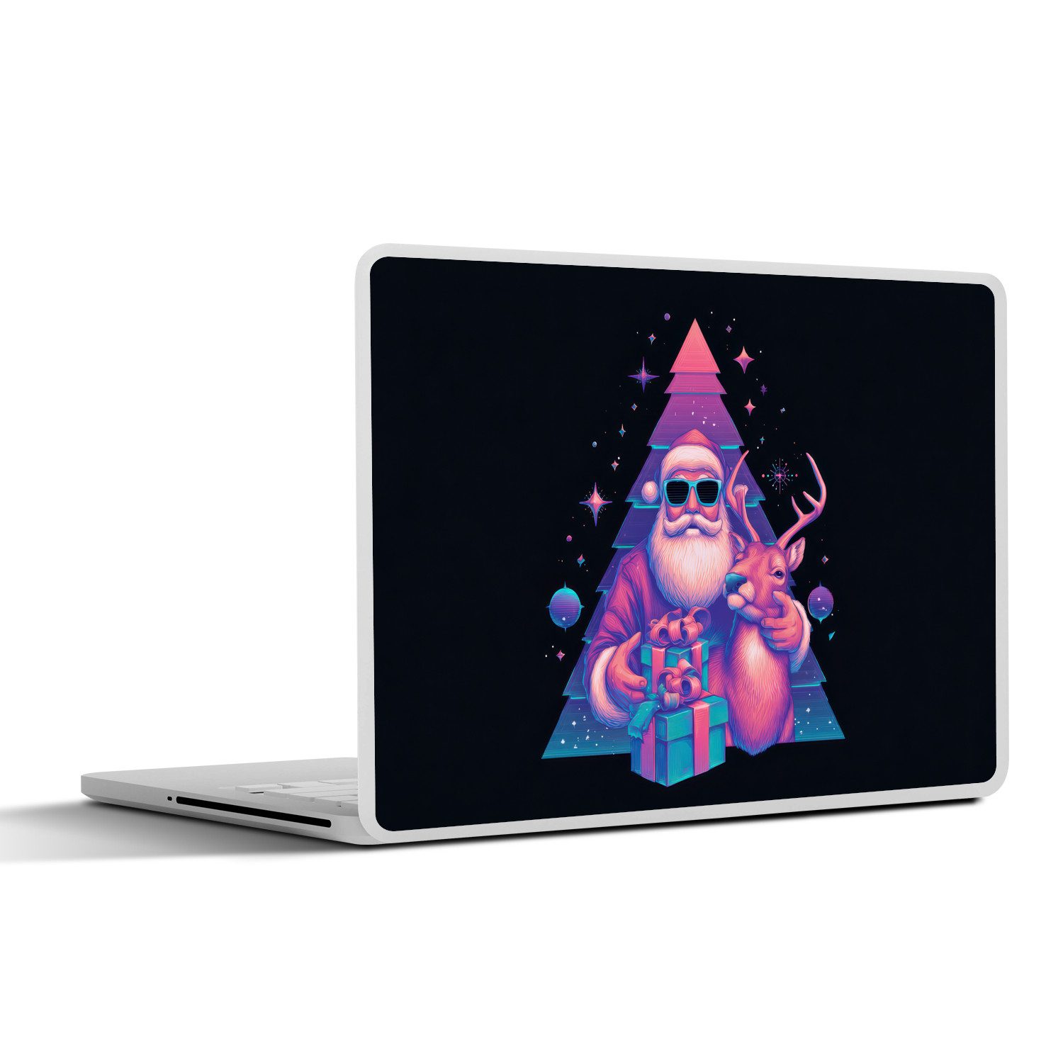 MuchoWow Laptop-Aufkleber Retro - Weihnachtsmann - Rentier - Weihnachtsbaum, (1tlg), Aufkleber Geeignet für Laptops, Schutz vor Kratzern, Sticker, 30x22 cm