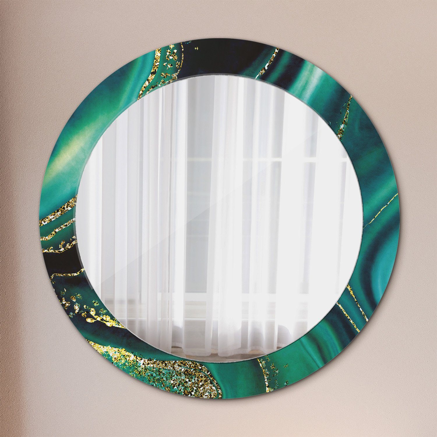 Tulup Dekospiegel mit Aufdruck Badezimmerspiegel Wandspiegel Rundspiegel Rund: Ø70 cm, Wohnzimmer Spiegel Smaragd Grün