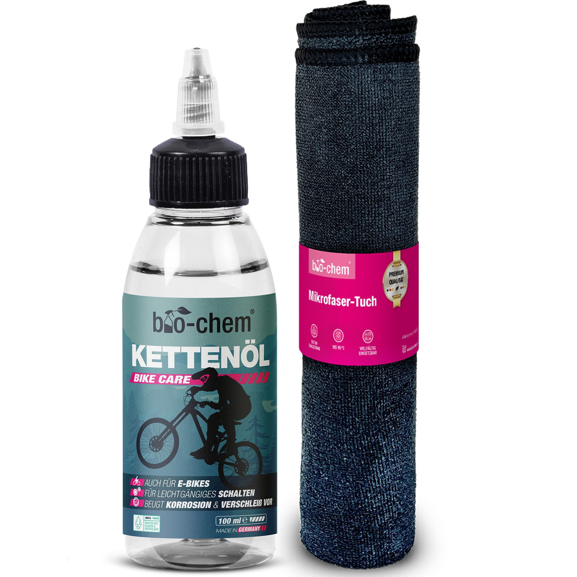 bio-chem Kettenöl bio-chem Kettenöl Fahrrad Universal Ketten Öl 100 ml, (Kettenöl 100 ml Tropfflasche + Mikrofasertuch, 2-St., Kettenöl 100 ml Tropfflasche + Mikrofasertuch), Präzise Dosierung mit Tropfflasche