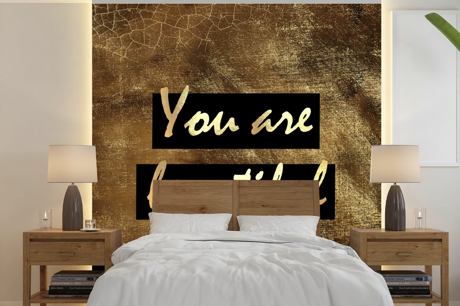 MuchoWow Fototapete Zitat - Schönheit - Braun - Gold, Matt, bedruckt, (5 St), Vinyl Tapete für Wohnzimmer oder Schlafzimmer, Wandtapete
