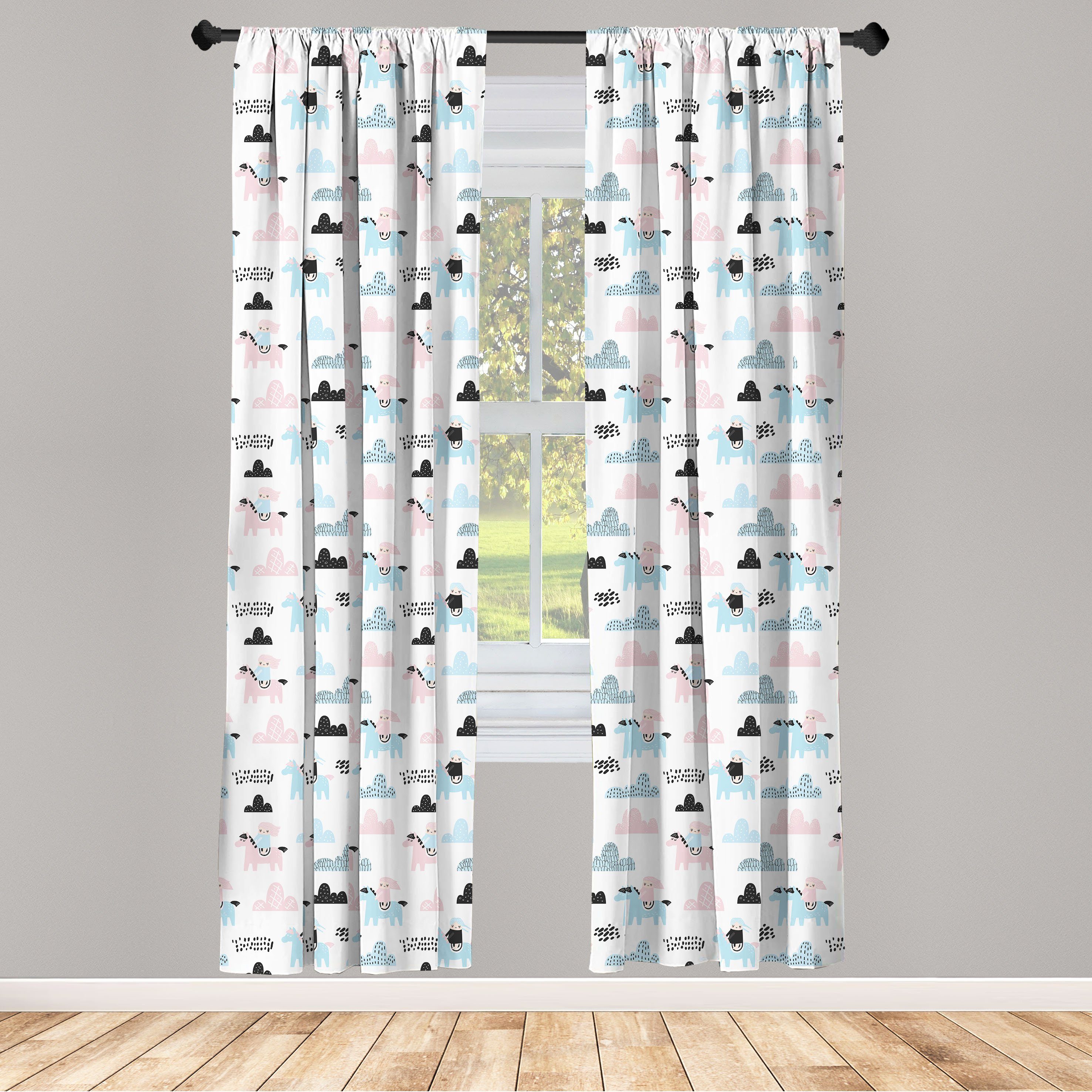 Gardine Vorhang für Wohnzimmer Schlafzimmer Dekor, Abakuhaus, Microfaser, Kindergarten Kleines Mädchen auf Pony Wolken