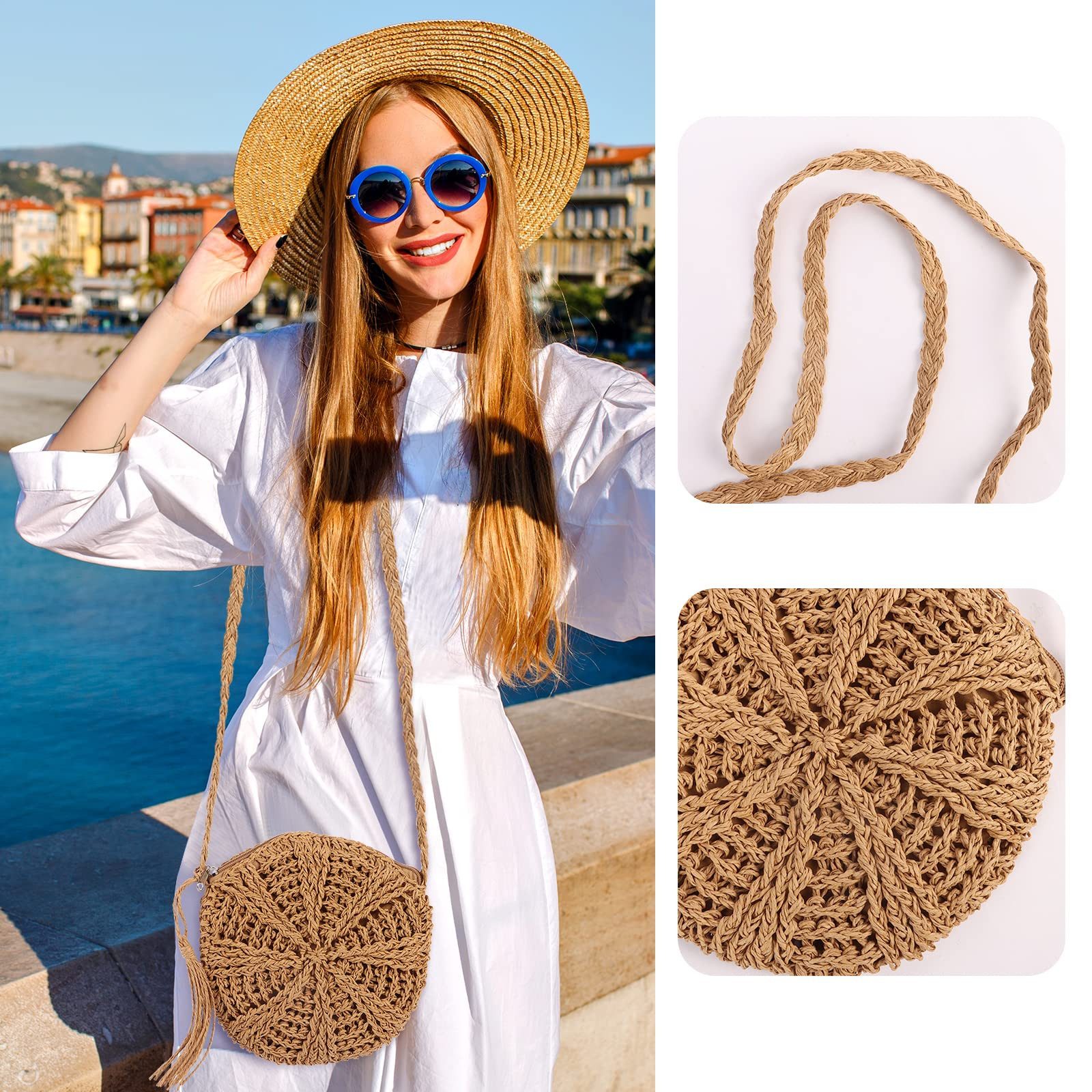 Zaewry Strandtasche Vintage Strandtasche Strand Stroh Handtasche Rund Crossbody Tasche, für Damenreisen und Urlaub – Bild 3 von 5