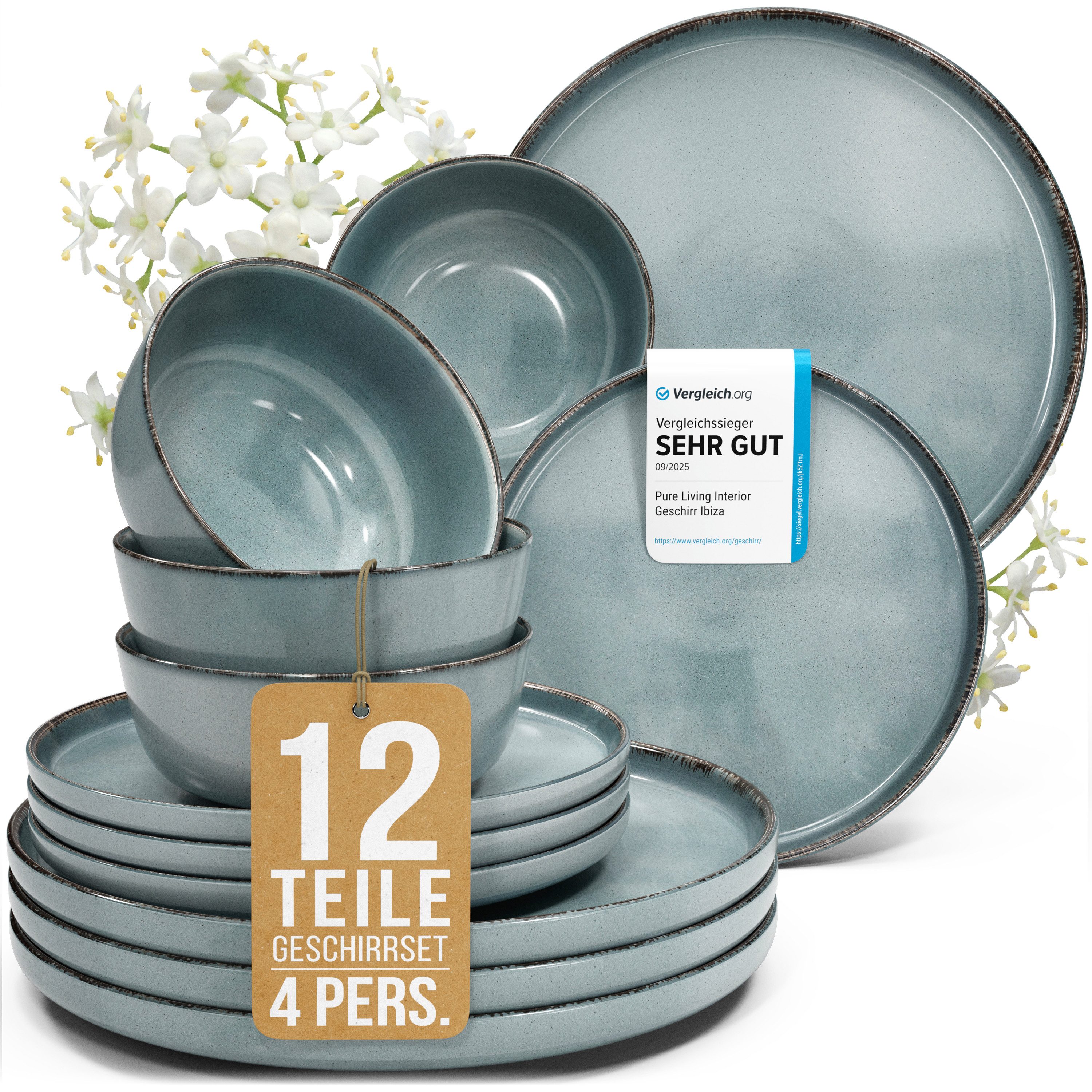 PURE LIVING INTERIOR DESIGN Geschirr-Set Pure Living »Rustic« (12-tlg), 4 Personen, Steingut, Rauchblau, 4 Personen, Steingut, Authentischer Landhausstil, Reaktive Glasur – jedes Stück ein Unikat,…