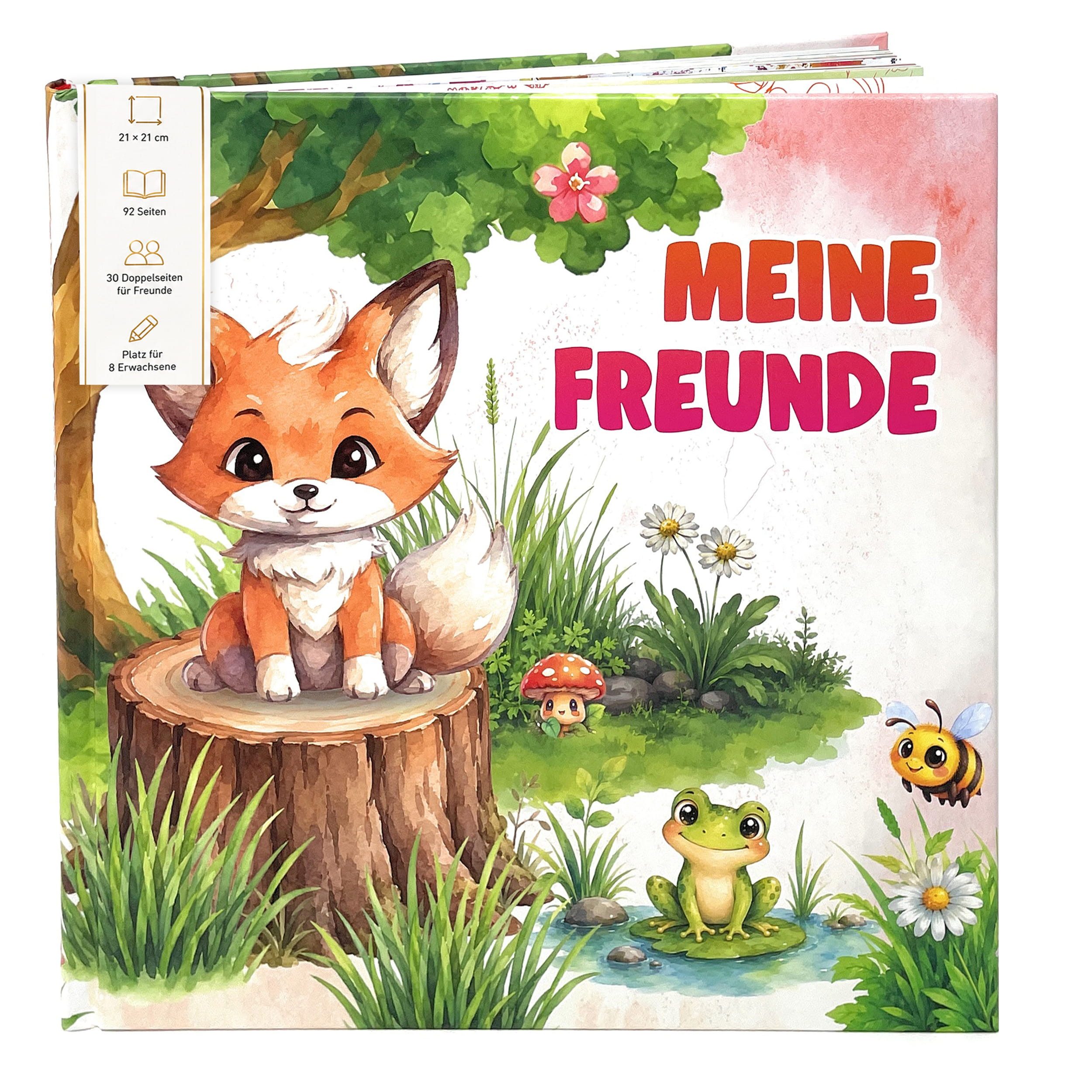 TOBJA Poesiealbum Freundebuch Grundschule Waldtiere 21x21 cm - 30 Freunde, 8 Erwachsene, Waldtier-Motiv, 92 Seiten, 30 Doppelseiten, FSC®-Papier