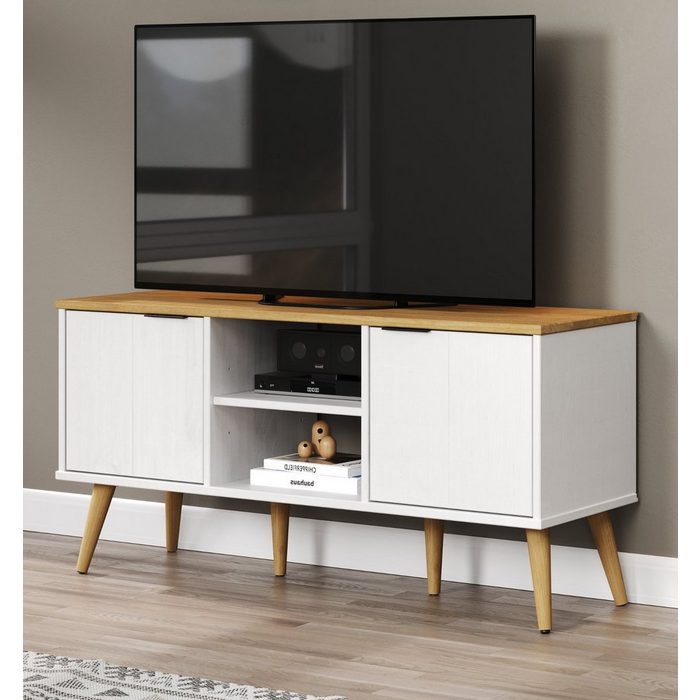INTER-FURN Lowboard Paterno (TV-Unterschrank weiß und honigfarben 114 x 57 cm) Massivholz 2-farbig gewachst
