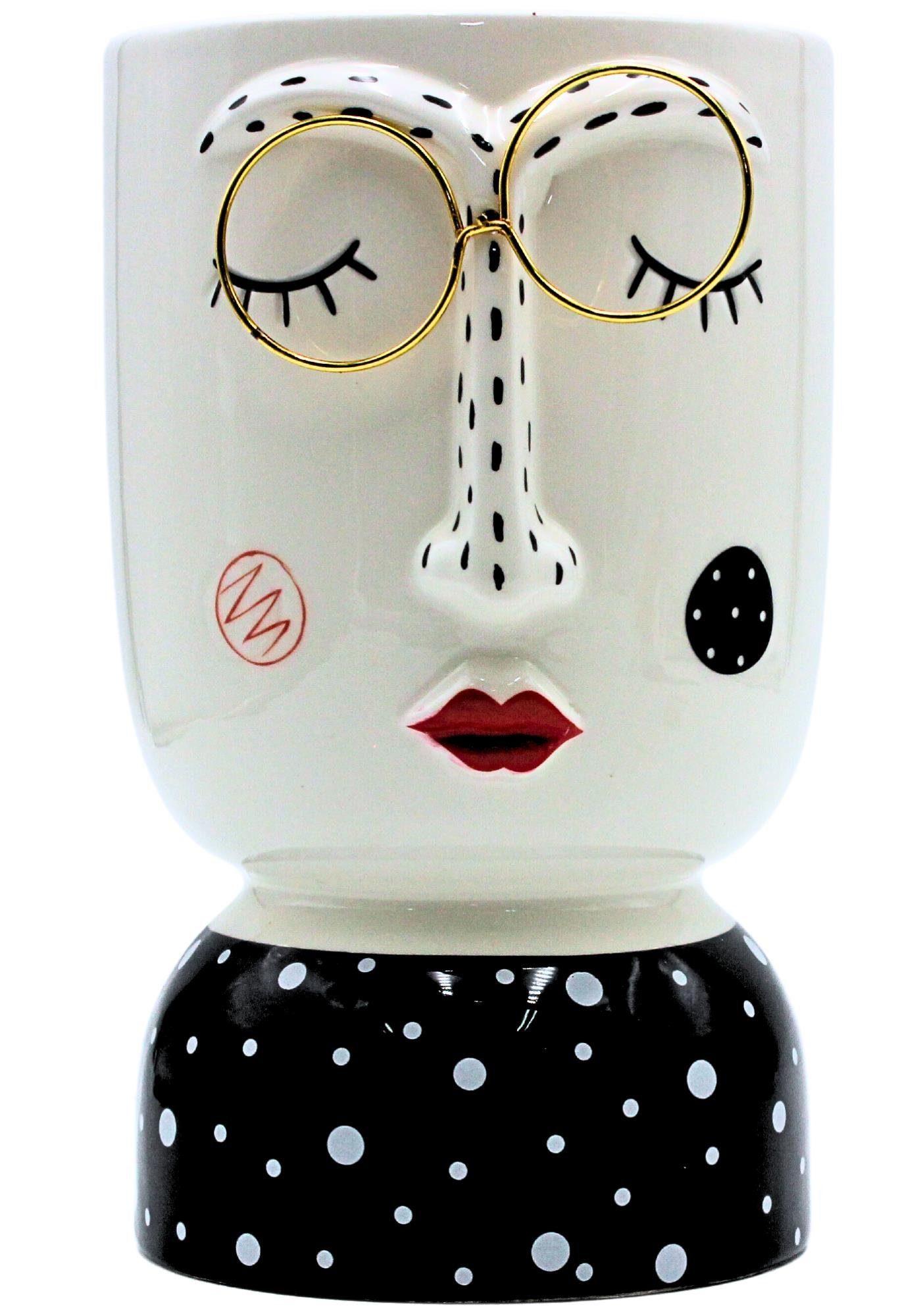 Dekovase St) 1 Blumenvase, Gesicht (1 Brille, Keramik Vase Dekohelden24 und goldener mit schwarz-weiß Vase,