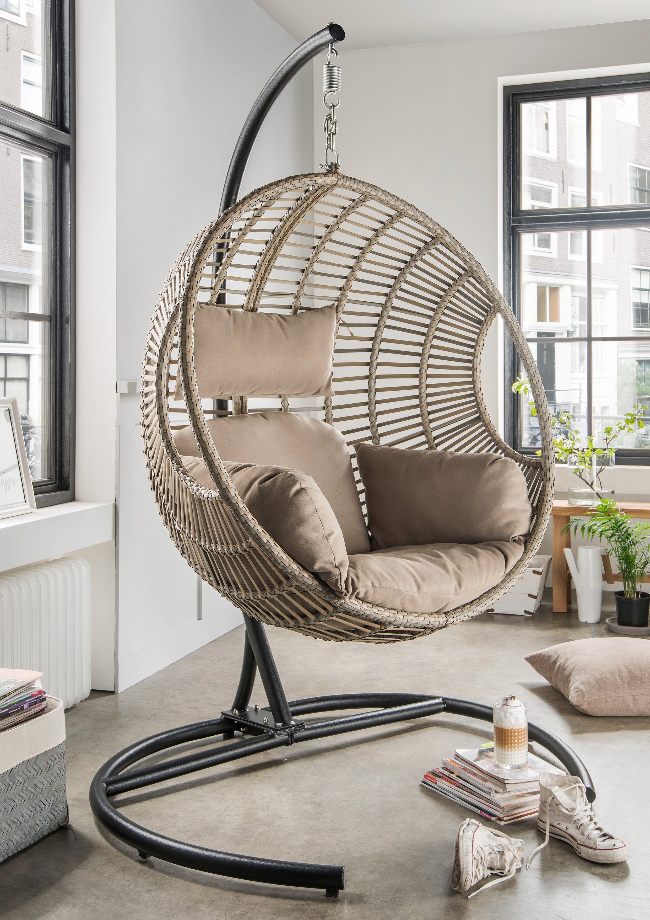 Rattan Luxus Cocon Hängekorb Sessel mit weichem Sitz- u. Rückenkissen,  Seitenpolster-u. Verkleidung - Indoor & Outdoor - CRAFTMAX