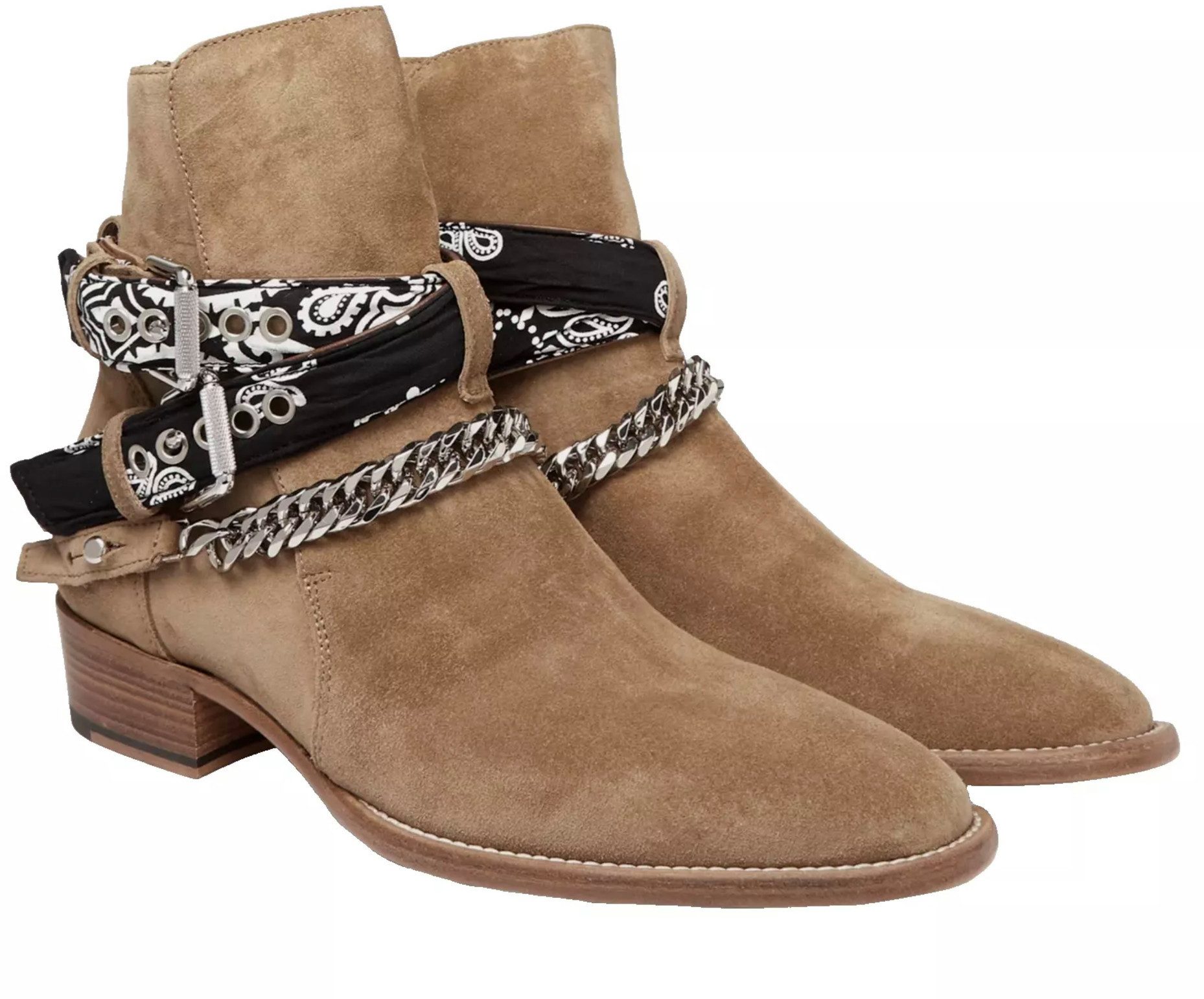 AMIRI Jodhpur Ketten Schuhe Bandana Suede Schuhe Bootsschuh Crossover-Bandana-Riemen, Silberfarbene Kette