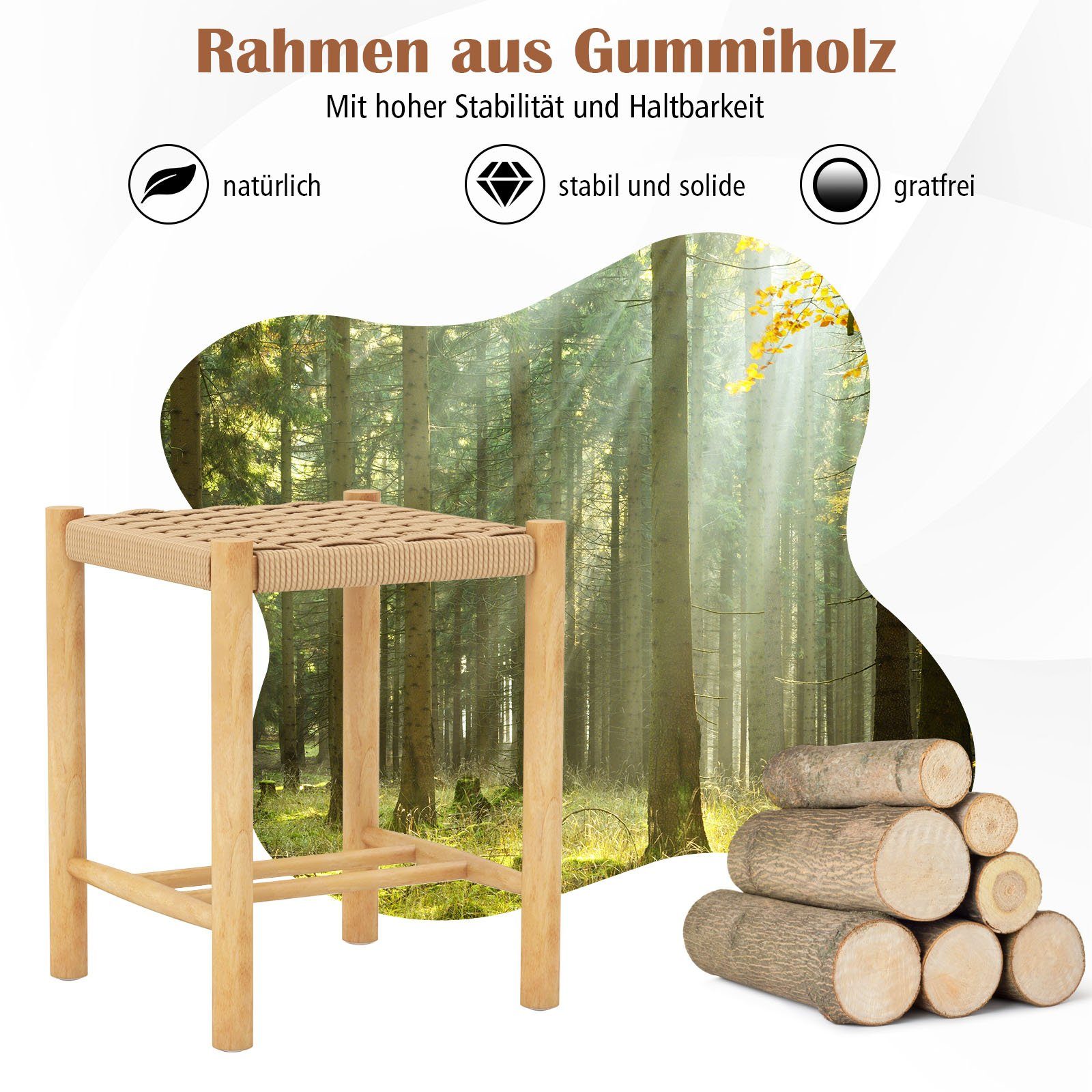 COSTWAY Barhocker, 2er Set, mit Fußstütze, Massivholz, Sitzhöhe 45cm, 150kg