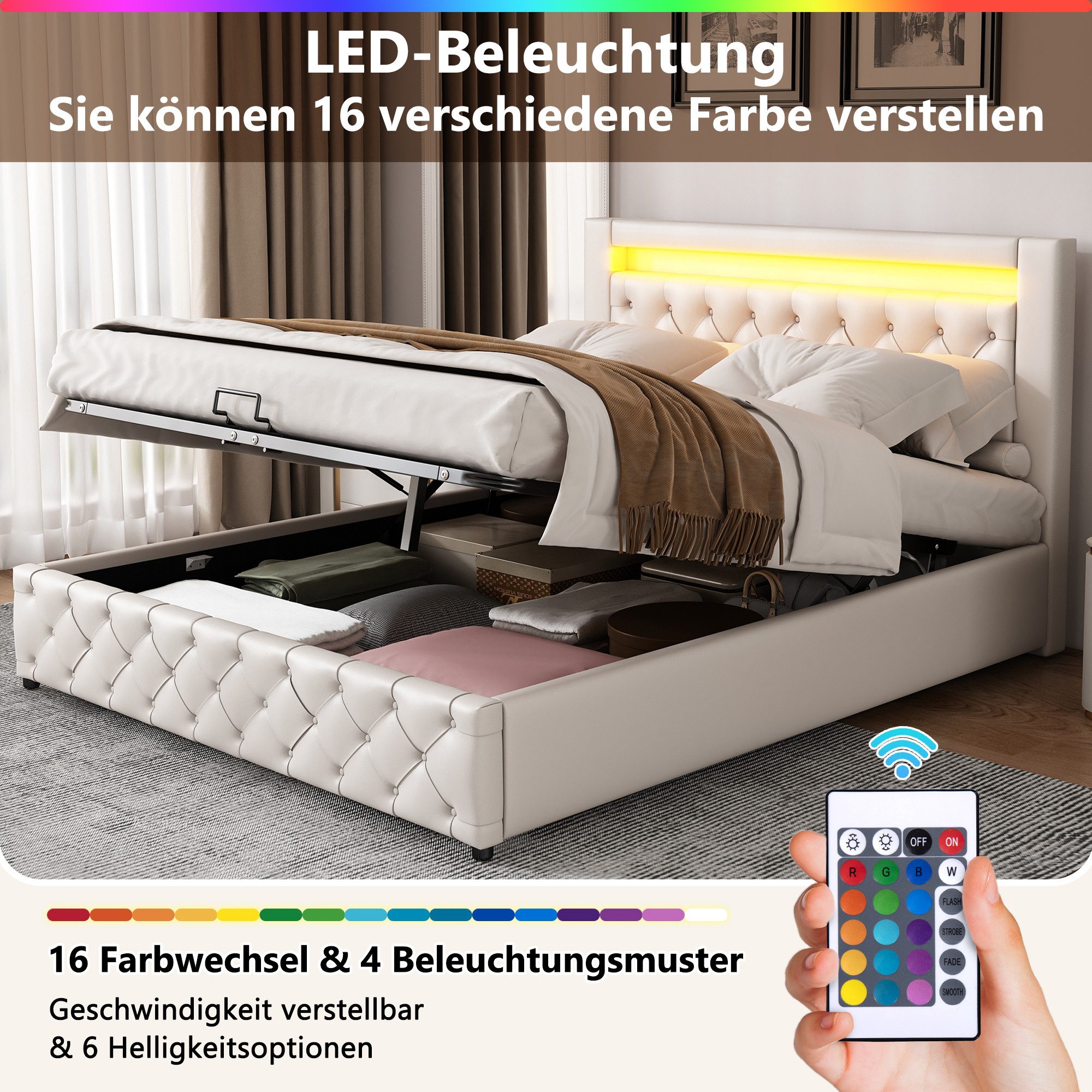 MODFU Polsterbett Bett mit Stauraum gepolstertem Kopfteil (140 x 200 cm Ohne Matratze, 1-tlg., Leder Bezug aus Hautfreundlicher Kunstleder), Funktionsbett mit Lattenrost und Stauraum,Mit LED-Beleuchtung