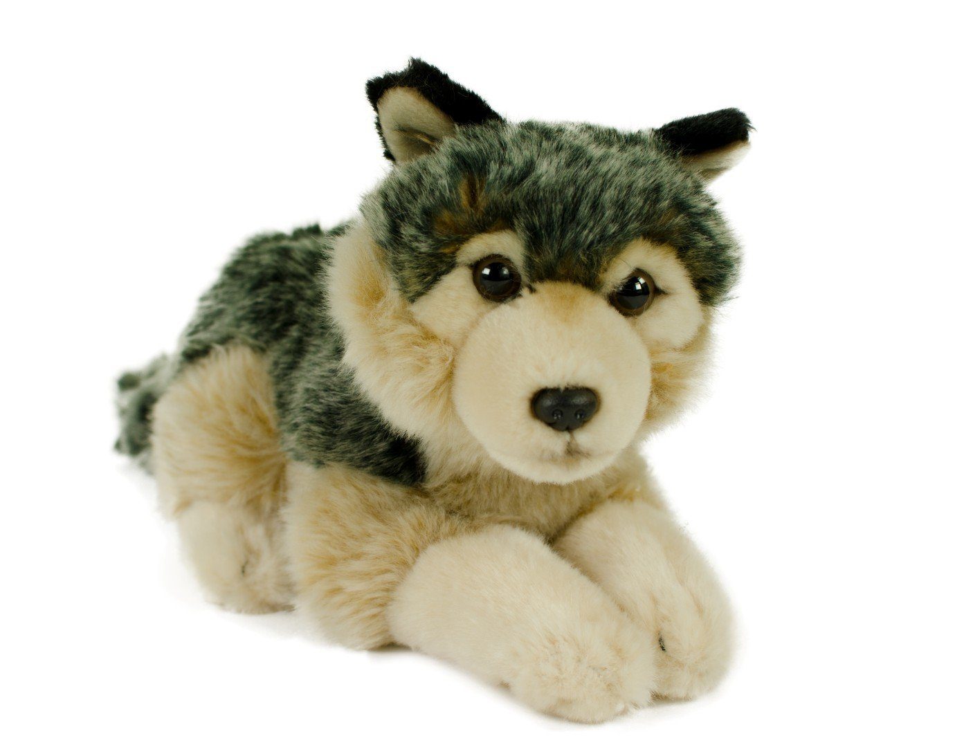 Teddys Rothenburg Kuscheltier Wolf 28 cm liegend grau/braun Stoffwolf Plüschtier (Plüschwolf, Stofftier)
