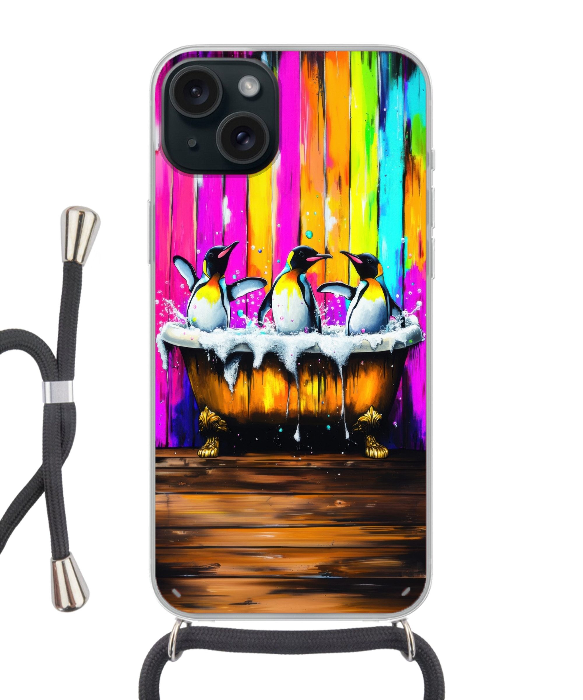 MuchoWow Handyhülle für Apple iPhone 15 Plus Pinguine - Badewanne - Bunt - Schaumstoff, Tragbare Handyhüllen mit Kette zum umhängen, Handykette Handyband