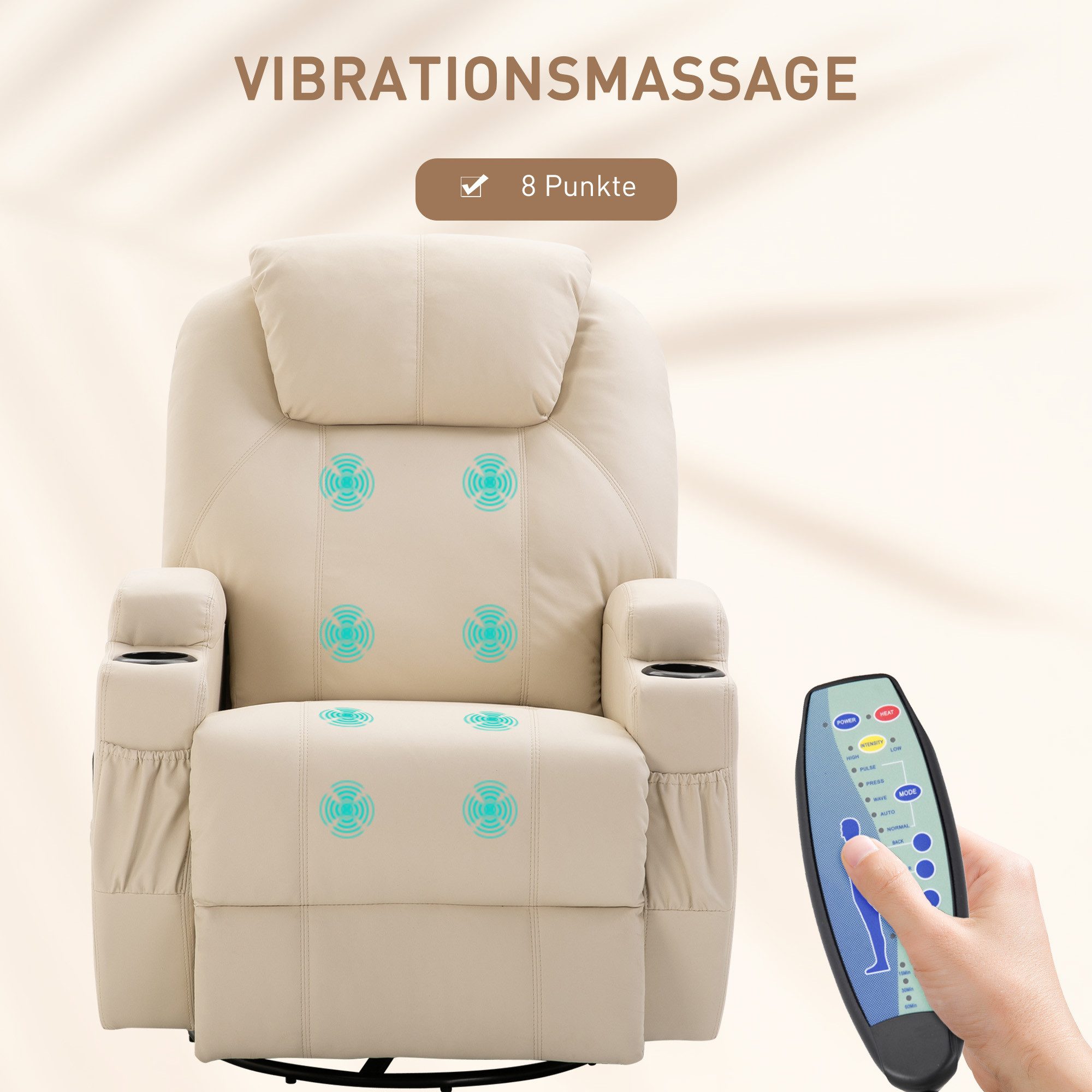 HOMCOM Massagesessel Elektrisch TV Sessel mit Liegefunktion Aufstehhilfe bis 160kg (Set, 1-St., Massagesessel), für Wohnzimmer, Cremeweiß – Bild 4 von 5