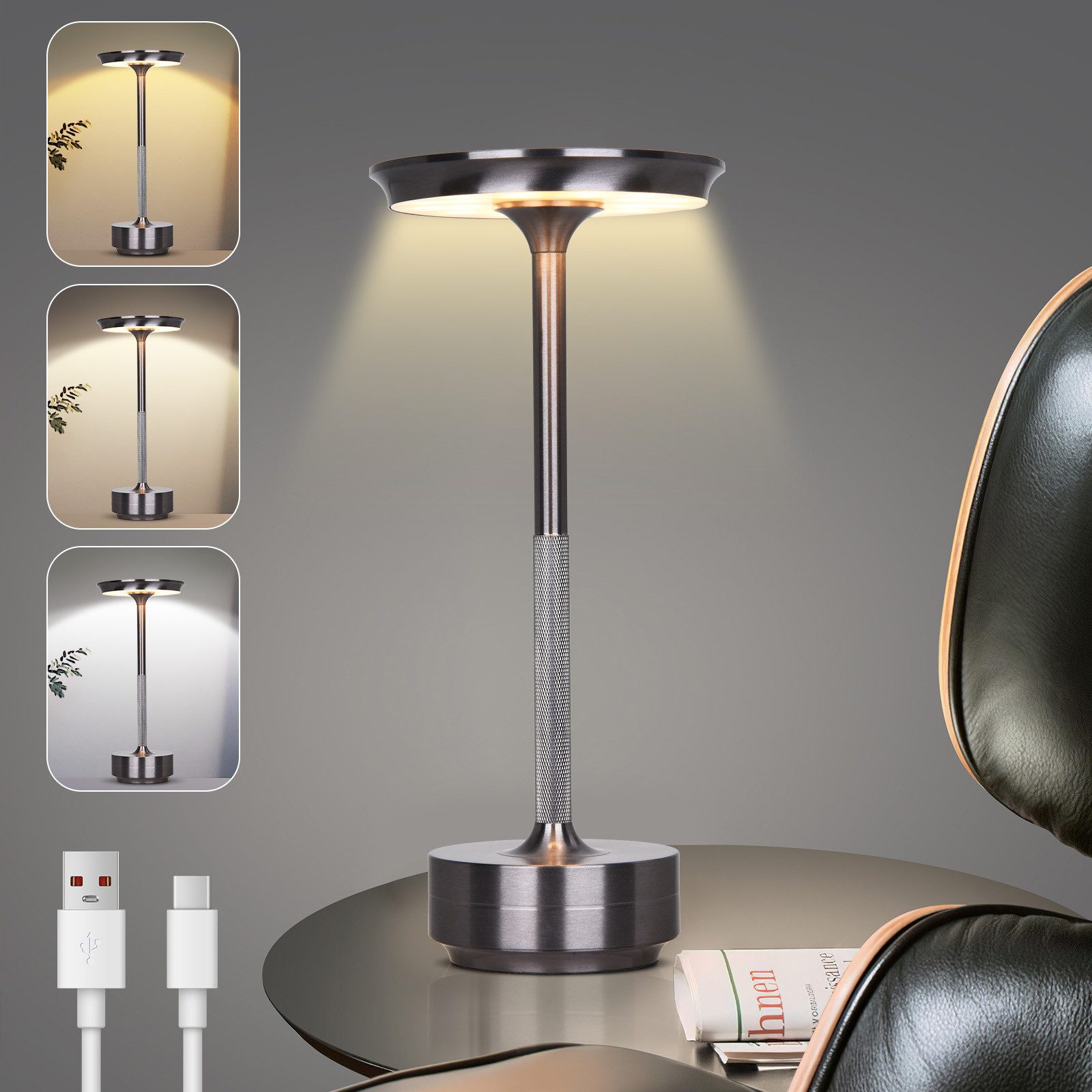 Lapamax LED Tischleuchte Akku Tischleuchte, 3 Lichtfarben, Dimmable, LED, 3 Lichtfarben, Kabellose Nachttischlampe für Wohnraum, Schlafzimmer und Esstisch