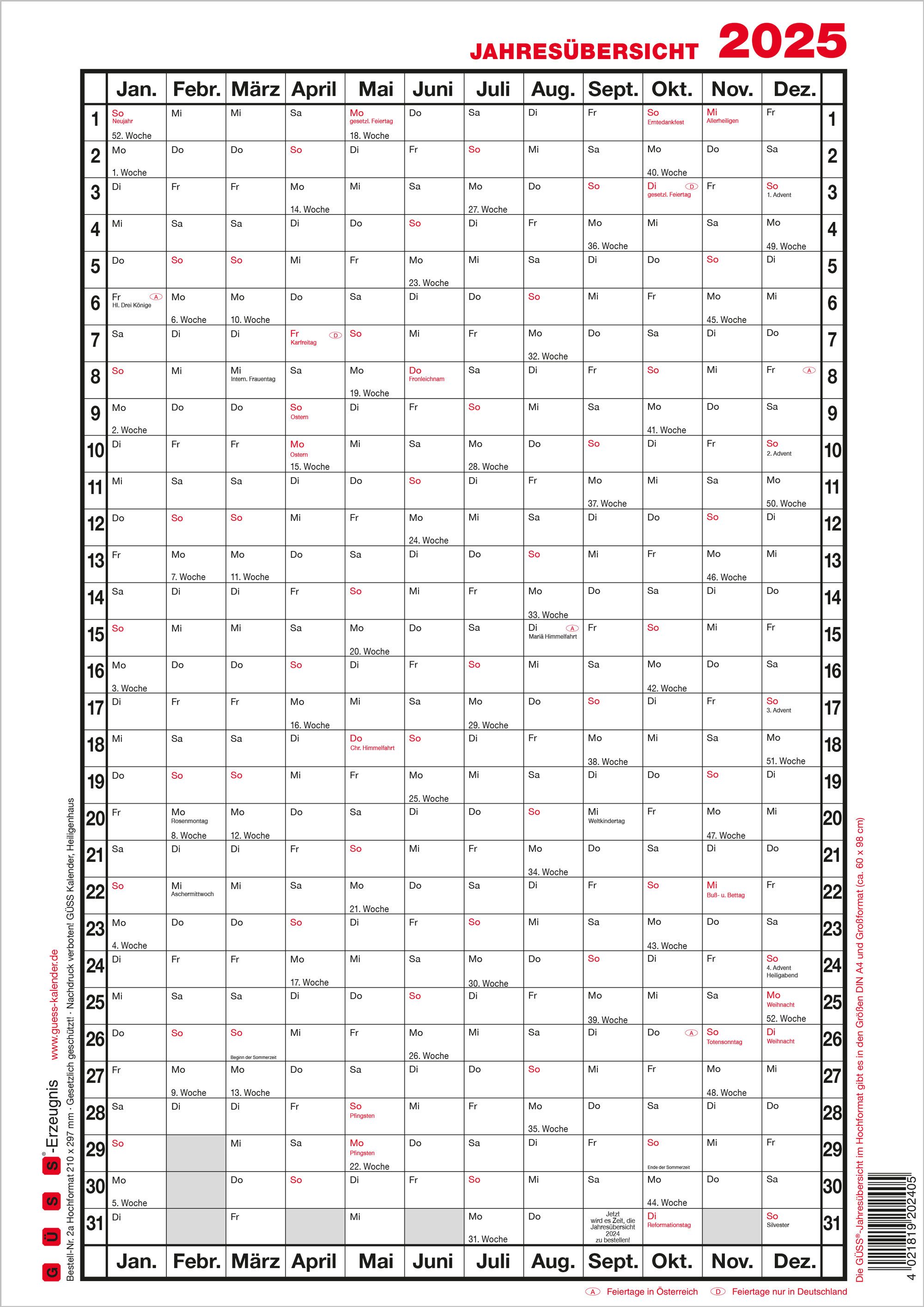 GÜSS Kalender Jahresplaner 2025 Güss Jahresübersicht A4 Hochformat