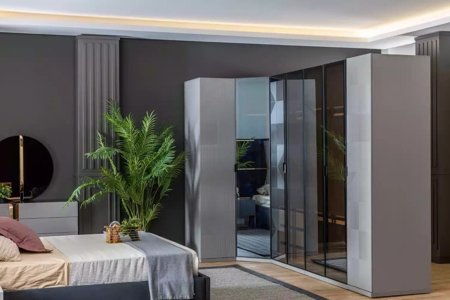 Xlmoebel Eckkleiderschrank Luxuriöser Holzschrank im modernen Design für Schlafzimmer Grau (1-St., Eckkleiderschrank Grau) Made in Europa