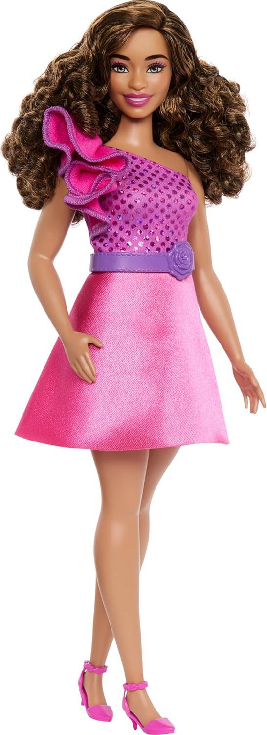 Mattel® Anziehpuppe Barbie Fashionista Puppe mit braunem Haar und glitzerndem Kleid