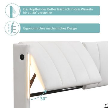 Flieks Polsterbett, LED Stauraumbett Doppelbett mit USB/ Verstellbarem Kopfteil 140x200cm