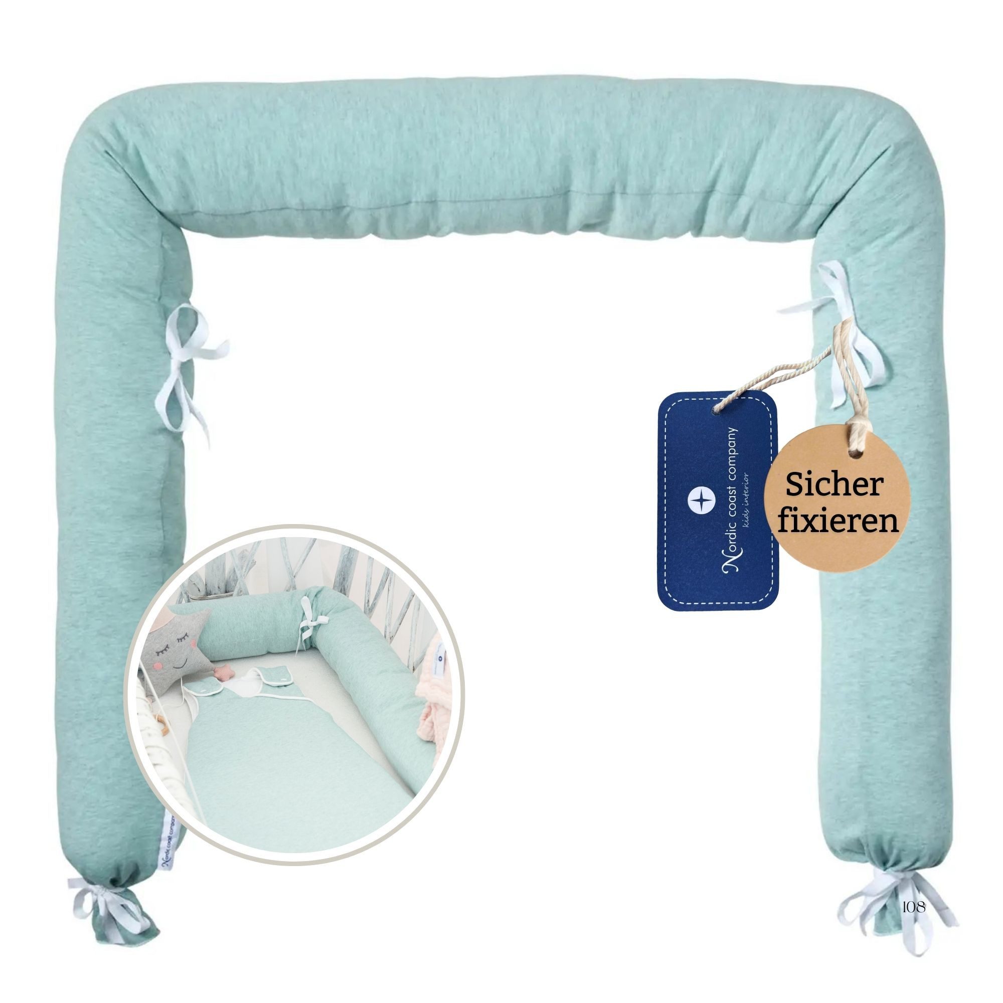 Nordic Coast Company Nestchenschlange Bettschlange Bettrolle für Babybett und Beispielbett Kopfschutz, Sicher venäht, passt ins Kinderbett, Kinderwagen, Premium Baumwolle