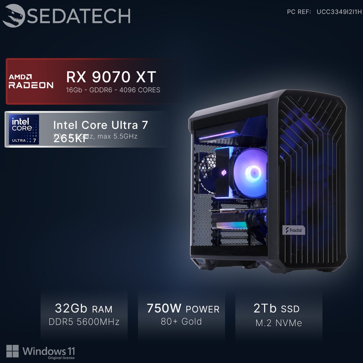 Sedatech UCC3349I2I1HF - Workstation Business-PC (Intel Intel Core Ultra 7 Intel Core Ultra 7 265KF 20x 3.9GHz (max 5.5GHz), Radeon RX 9070 XT 16GB, 32 GB RAM, 2000 GB SSD, Wlan 7)