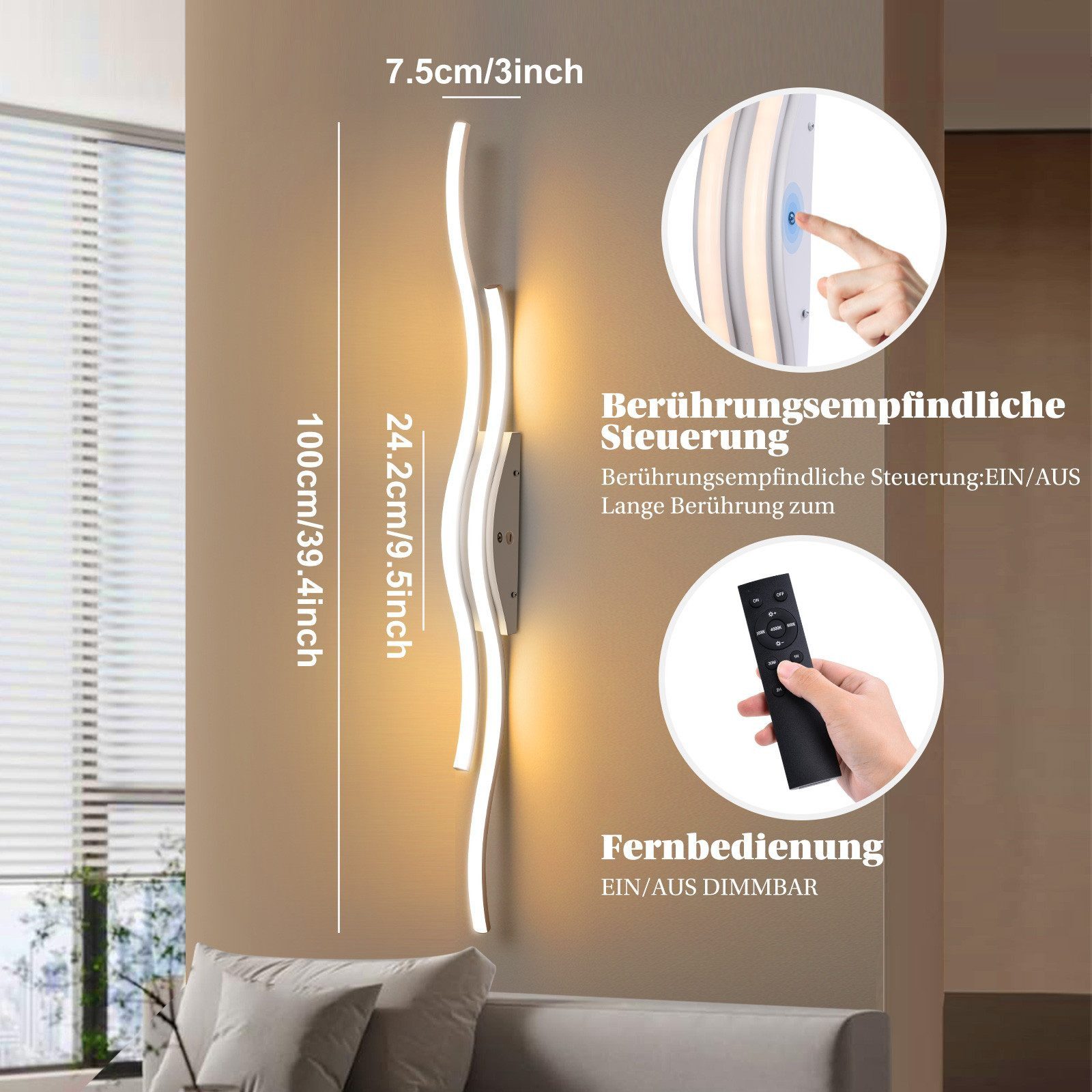Jibenhome LED Wandleuchte LED Wandleuchte Innen Wandlampe Wave Line,Minimalistische, LED fest integriert, mit Fernbedienung & Touch-Steuerung,3000K-6000K,Timer
