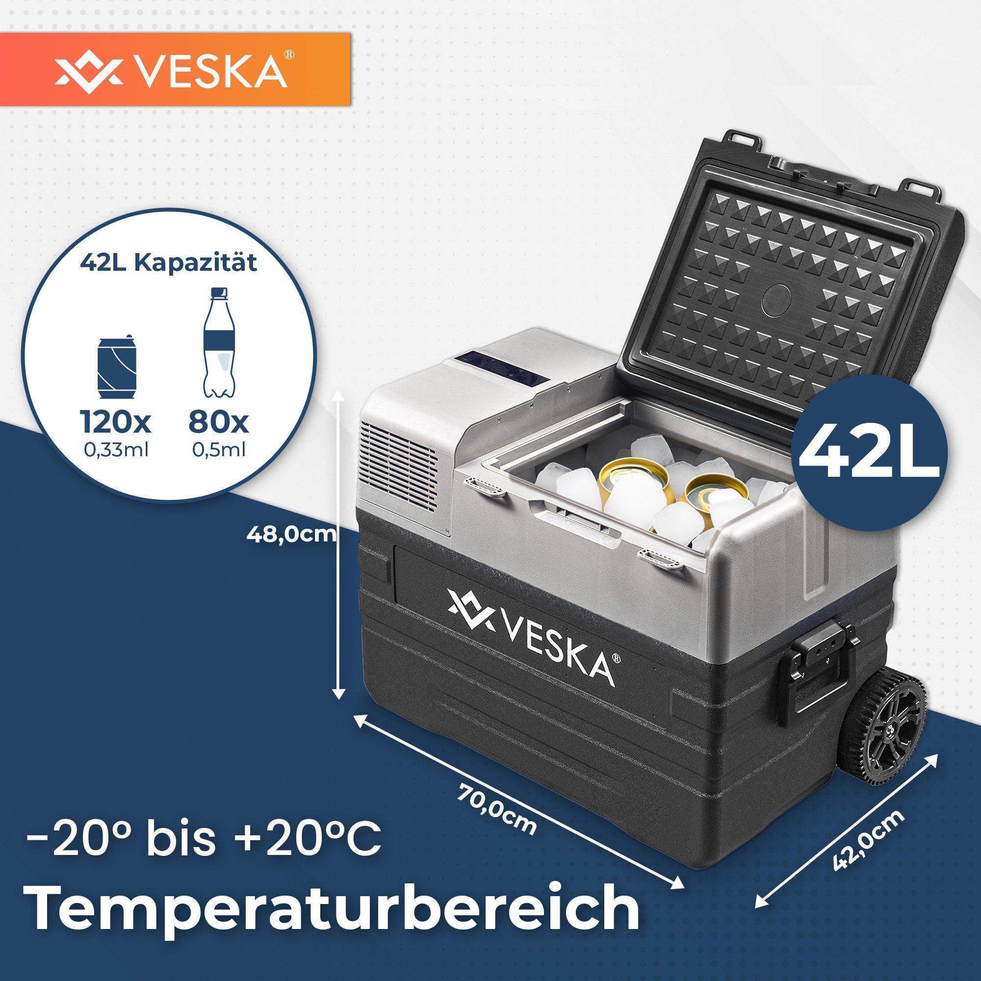 VESKA Elektrische Kühlbox Kompressor Gefriertruhe mobiler Kühlschrank, Kühltruhe, Gefrierbox, 12V/24V, 230V, für Auto, Lkw, Boot, Wohnwagen, Camping – Bild 4 von 5