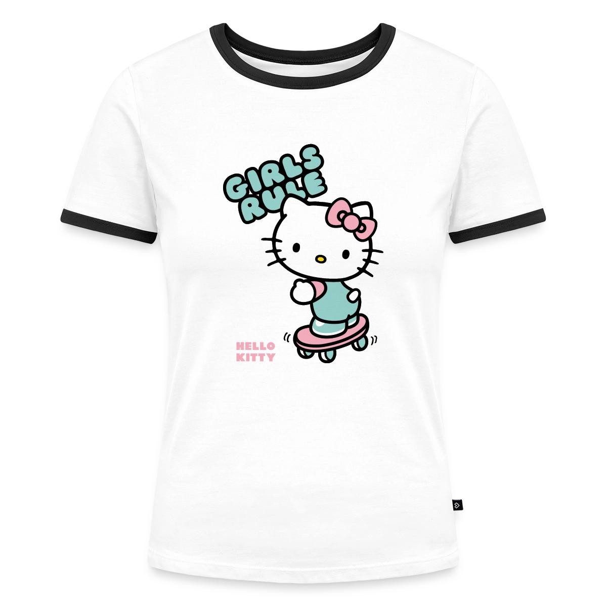 Spreadshirt T-Shirt Hello Kitty Auf Skateboard Girls Rule Frauen Kontrast T-Shirt (1-tlg)