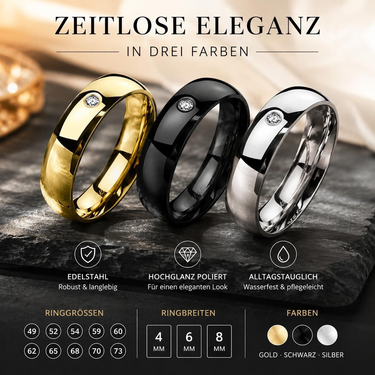 Taffstyle Fingerring Partnerring Edelstahl mit Zirkonia Bandring Trauring Ehering Unisex (Polierter Edelstahlring mit eingefasstem Zirkonia als moderner Partner – Bild 3 von 5