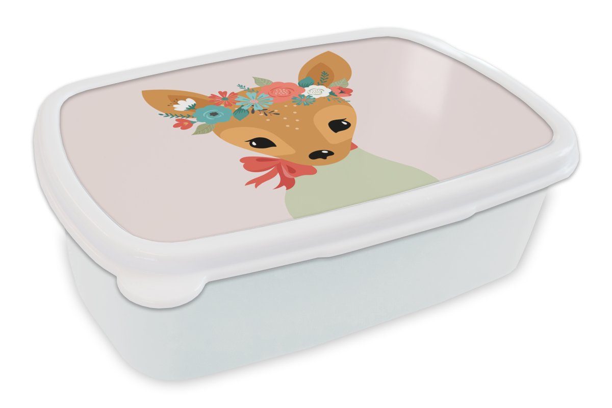 MuchoWow Lunchbox Hirsche - Pastell - Blumen, Kunststoff, (2-tlg), Brotbox für Kinder und Erwachsene, Brotdose, für Jungs und Mädchen weiß